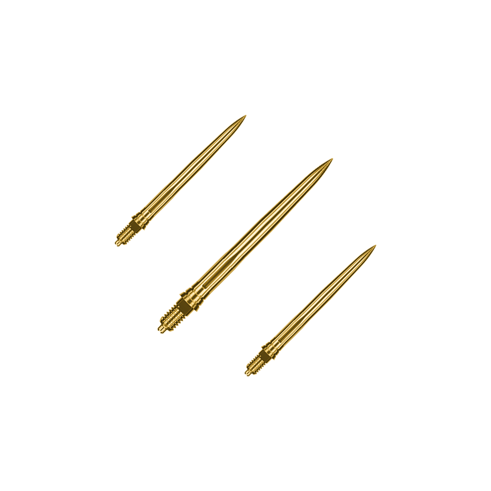 Špičky šipek Caliburn EZ-EVO - Hladké - Zlaté Dieses Bild zeigt ein Set goldener Dartspitzen mit glatter Oberfläche, vermutlich 28mm lang. Die Spitzen sind von der Marke Caliburn EZ-EVO.