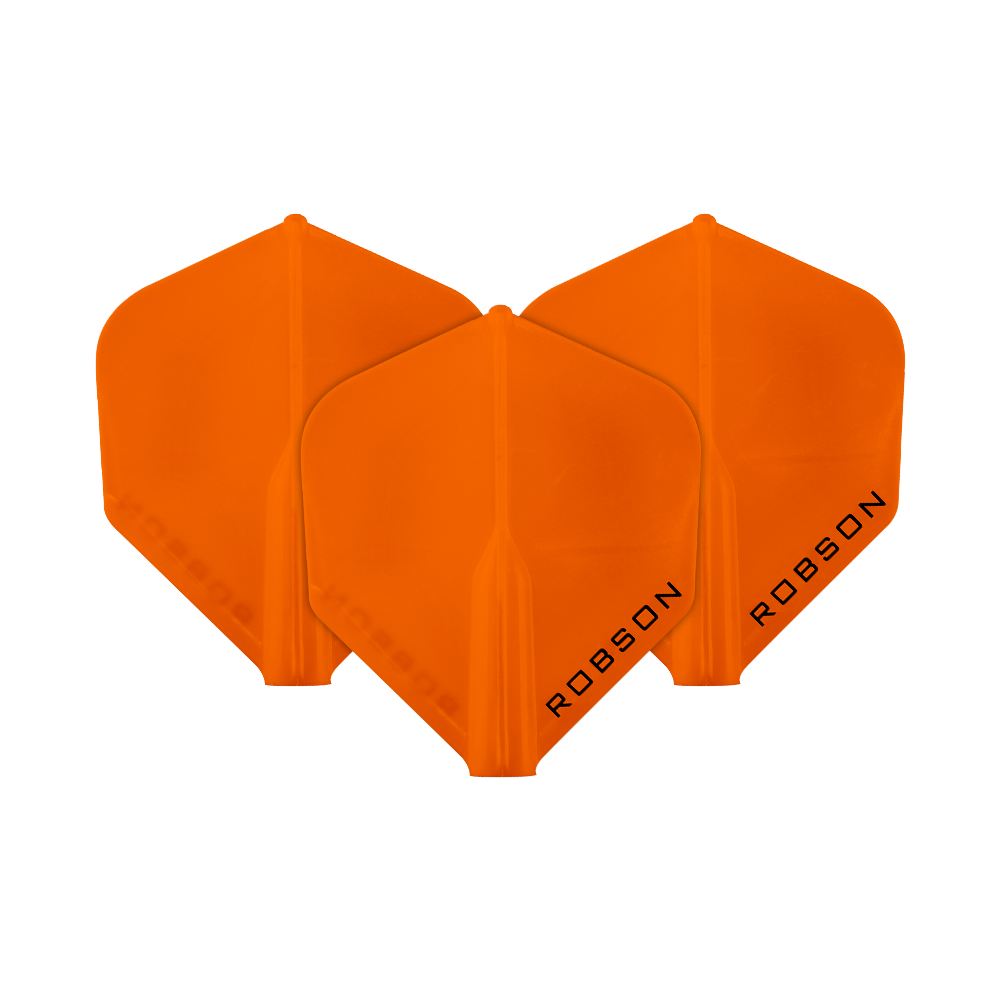 Lety Robson Plus – standardní Das Bild zeigt drei orangefarbene Dartflights. Auf jedem Flight steht das Wort "ROBSON" geschrieben.