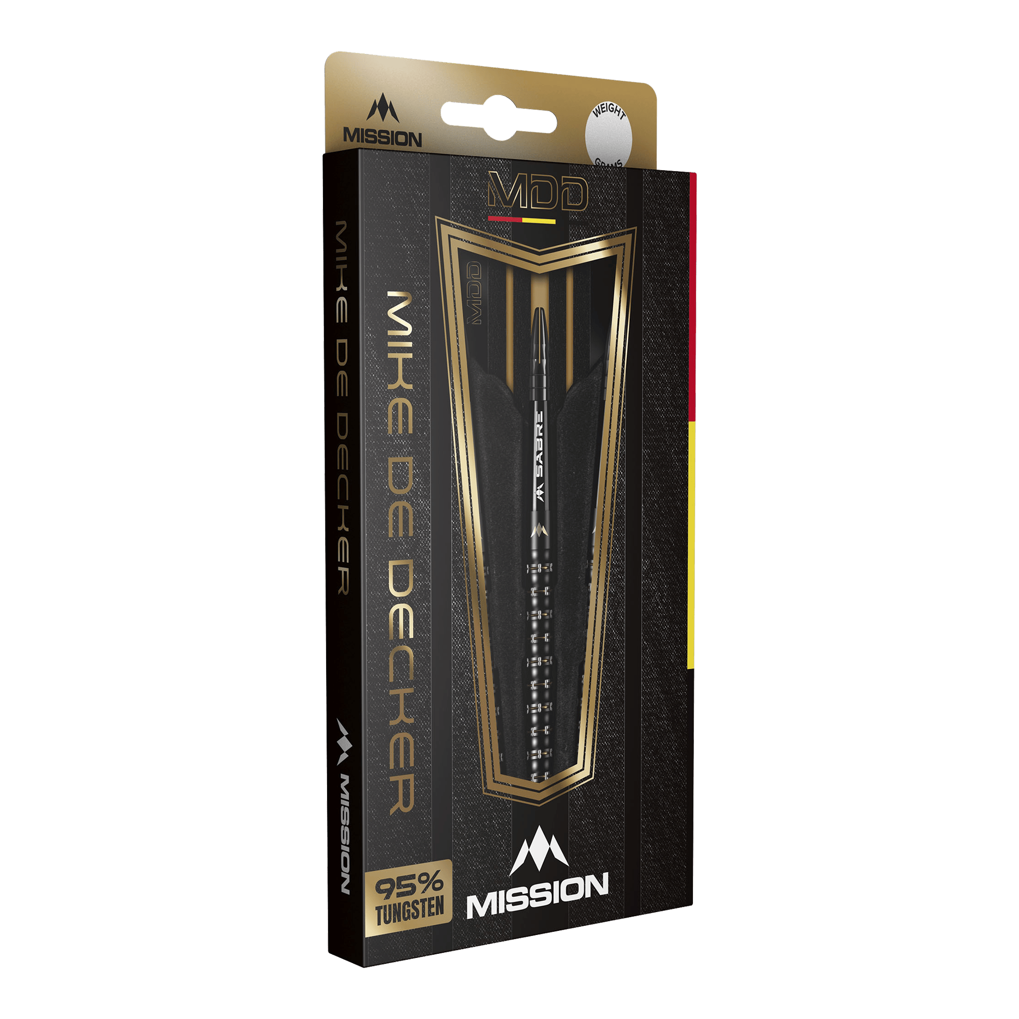 Šipky Mike De Decker MDD Black Gold Steeldarts Die Verpackung zeigt die Mission Mike De Decker MDD Black Gold Steeldarts. Auf der Vorderseite steht, dass die Darts zu 95% aus Tungsten bestehen.