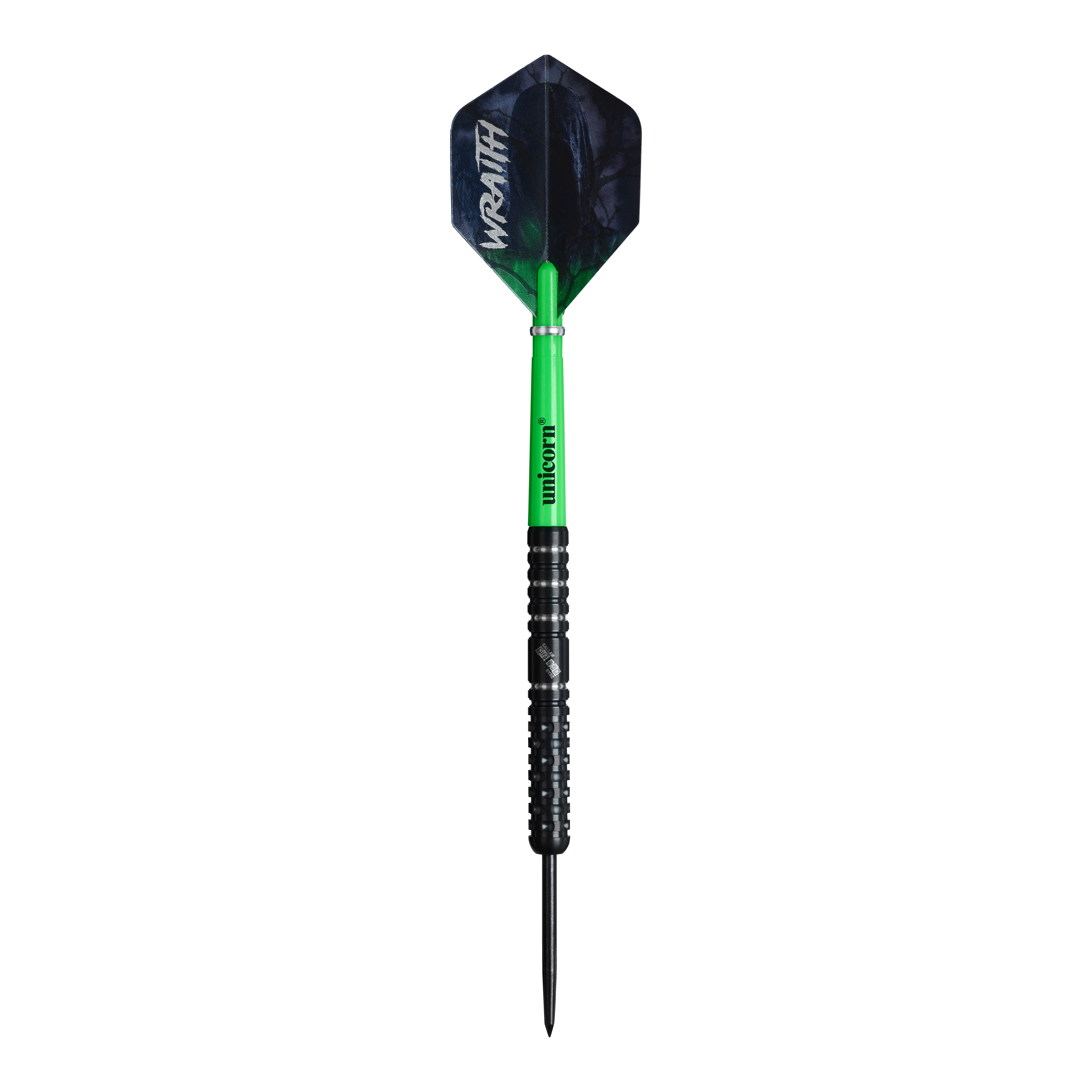 Unicorn Wraith Callan Rydz Steeldarts - 23g werden gezeigt. Das Bild stellt das Design und die Details dieses Darts dar.