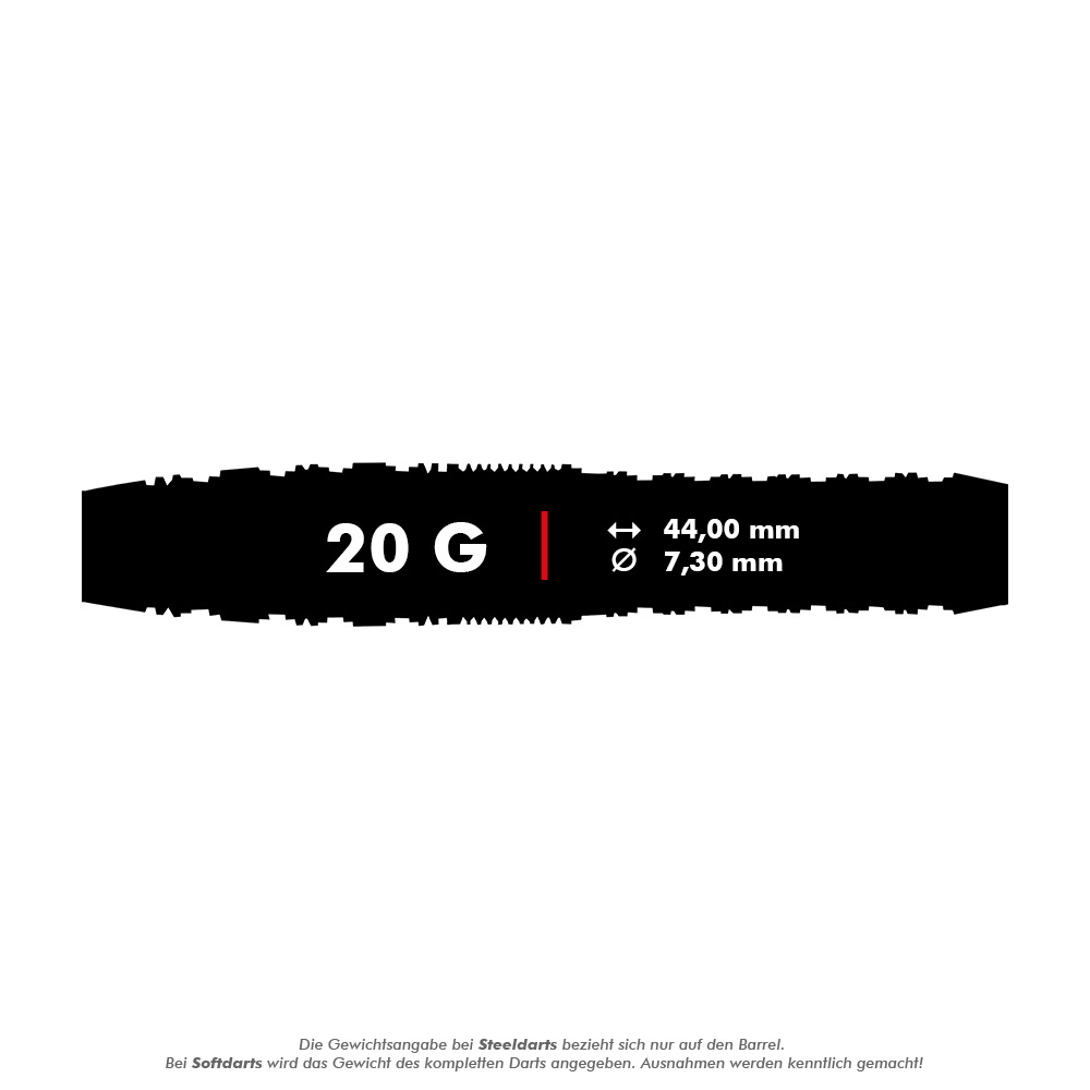 Šipky Shot Redline Gizmo Soft - 20g Das Bild zeigt die Produktinformationen für die Shot Redline Gizmo Softdarts mit einem Gewicht von 20 Gramm. Die Darts sind 44,00 mm lang und haben einen Durchmesser von 7,30 mm.