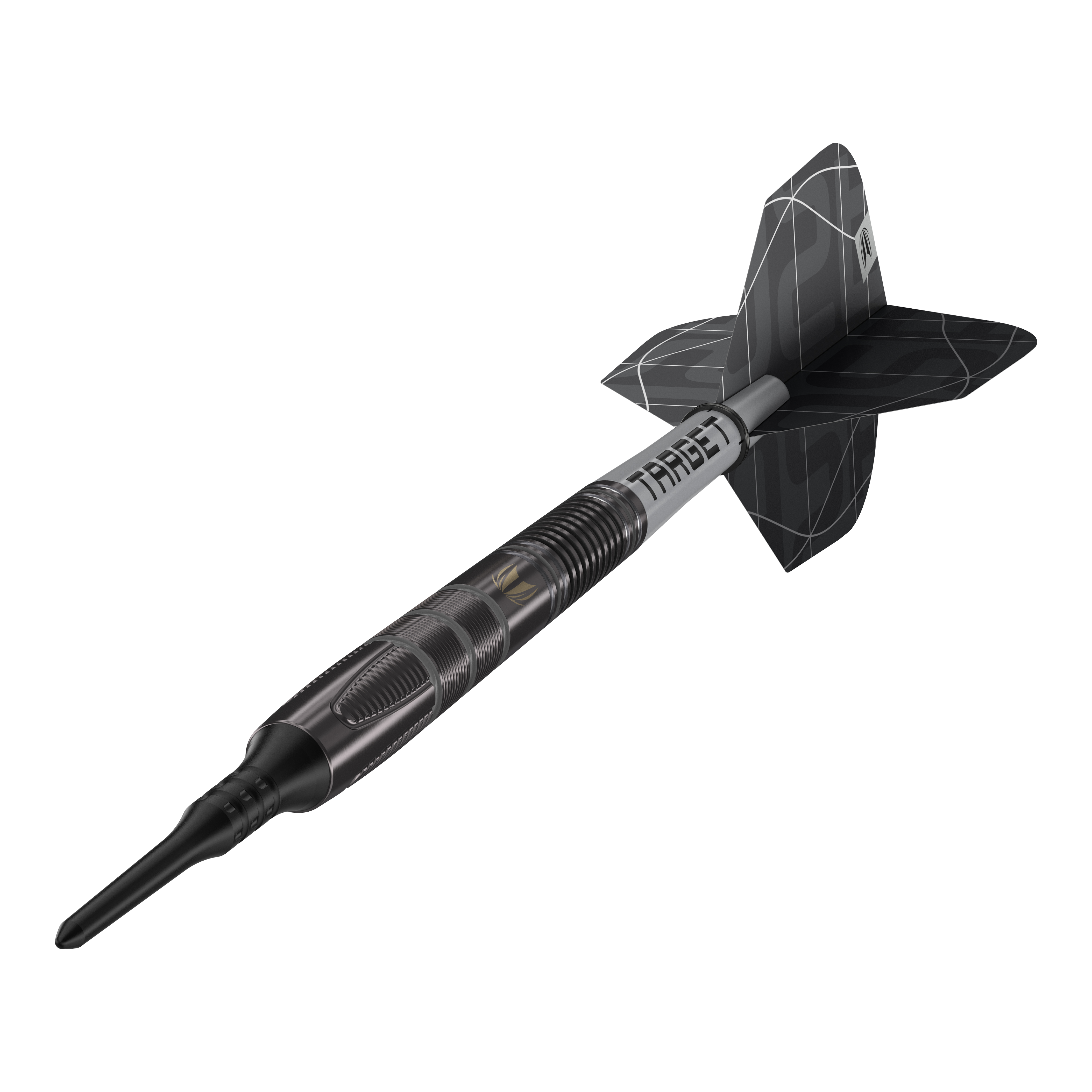 Měkké šipky Target Nathan Aspinall X Echo - 18g Das Bild zeigt den Softdart „Target Nathan Aspinall X Echo“ mit einem Gewicht von 18 Gramm. Der Dartpfeil ist schwarz und hat ein modernes, geriffeltes Design mit der Aufschrift "TARGET" auf dem Schaft.