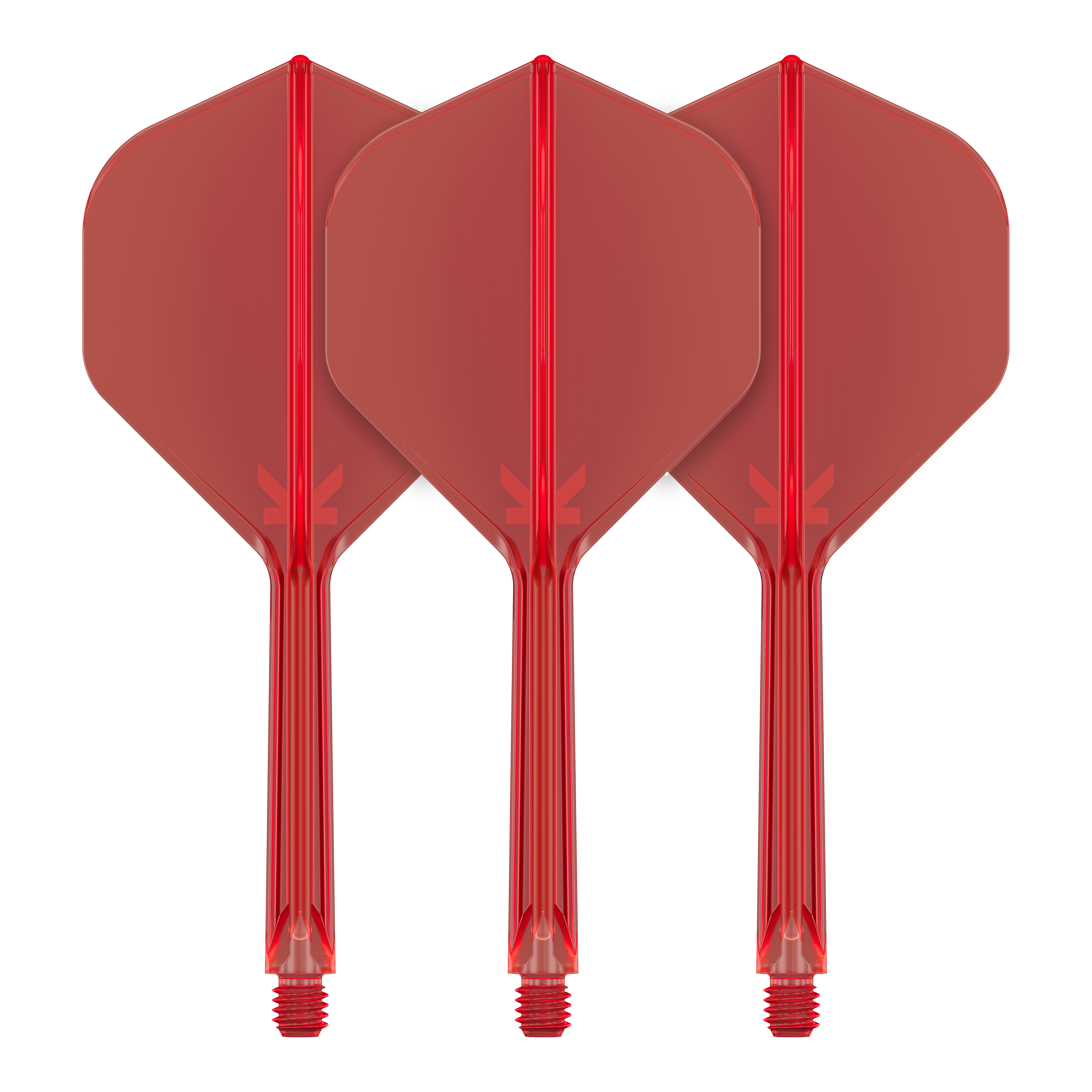 Standardní letový systém Target K-Flex No2 - červený Auf dem Bild sind drei rote Dartflights mit Schäften zu sehen. Sie sind nebeneinander ausgerichtet und haben eine standardmäßige Pfeilform.