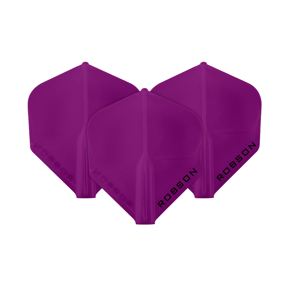 Lety Robson Plus – standardní Das Bild zeigt drei violette Dartflights der Marke Robson. Auf jedem Flight steht das Wort "ROBSON" in schwarzer Schrift.