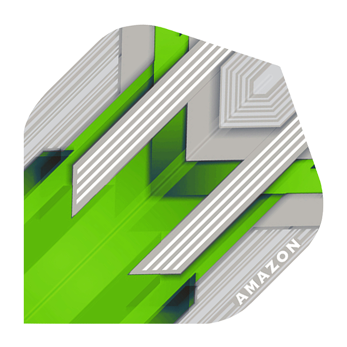 A-32-Amazon-Silver-No2-Green-FlightsCy0CmZ2EKZdoD Das Bild zeigt ein grünes Dart Flight mit silbernen und weißen geometrischen Mustern. In der Ecke steht das Wort "AMAZON" in weißer Schrift.