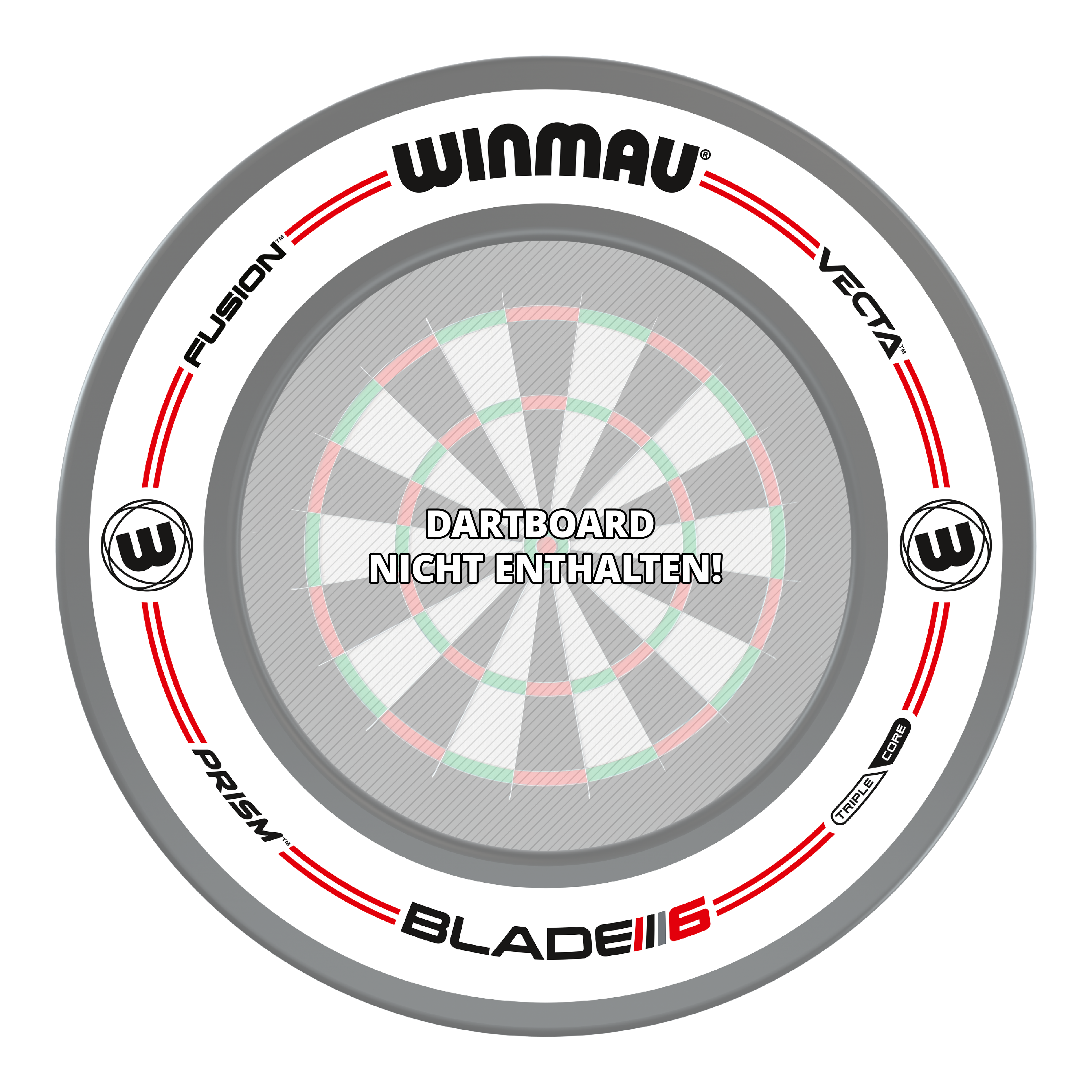 Obložení terče Winmau Pro-Line Original White Das Bild zeigt das Winmau Pro-Line Original White Dartboard Surround. In der Mitte steht der Hinweis: "Dartboard nicht enthalten!"