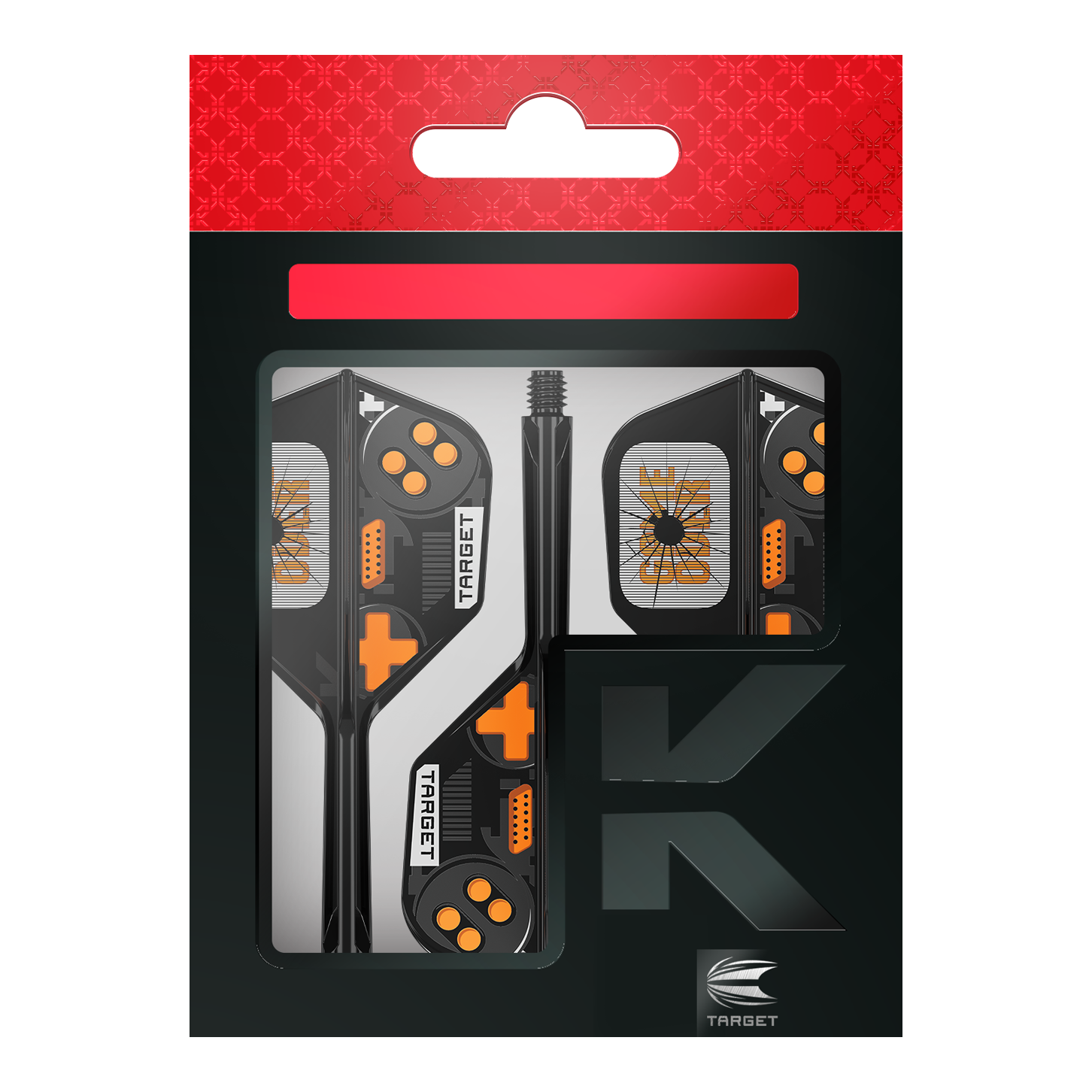 Hier sieht man die Target K-Flex Game Over No6 Flights. Es handelt sich um Dart-Flights mit auffälligem Muster.