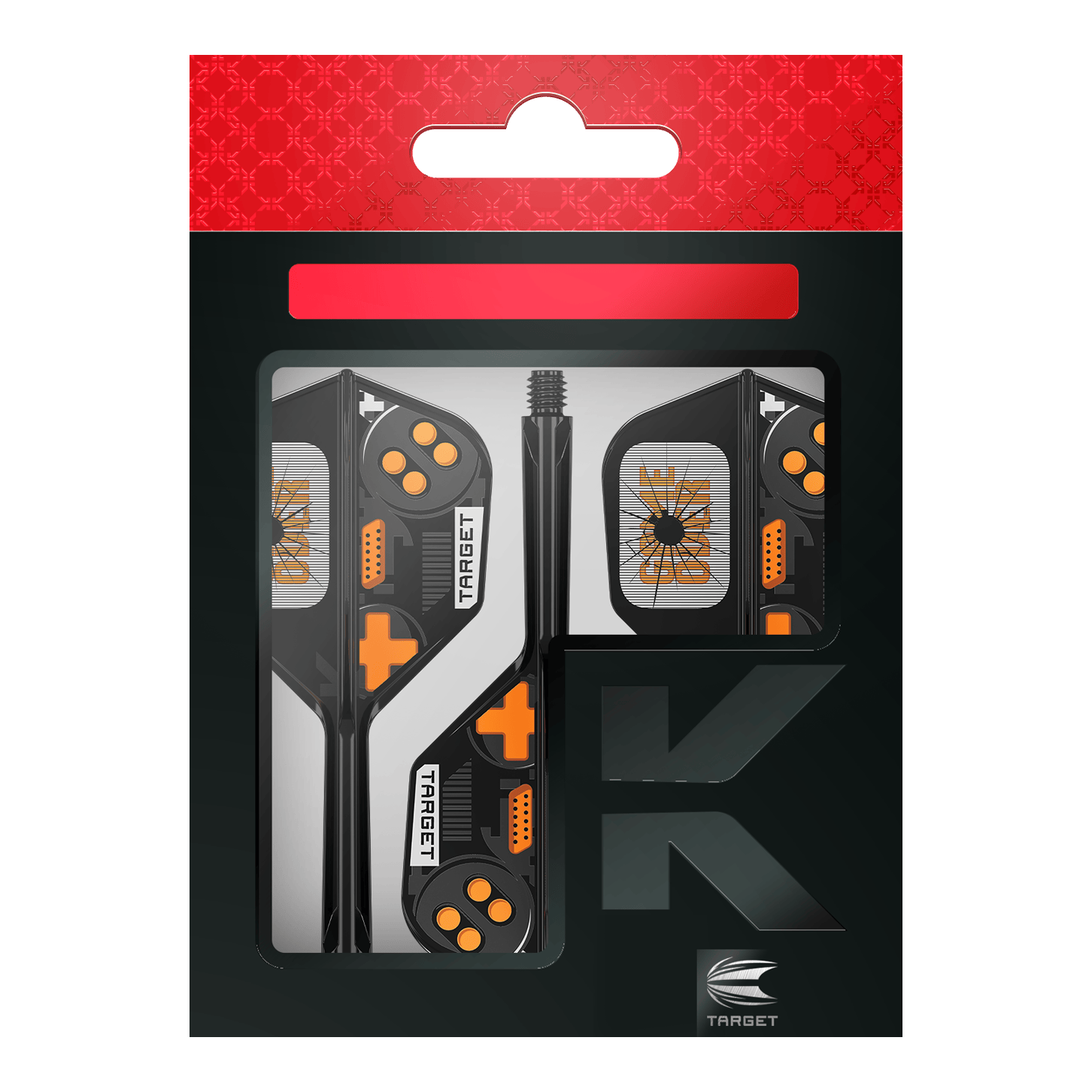 Letky Target K-Flex Game Over č. 6 Hier sieht man die Target K-Flex Game Over No6 Flights. Es handelt sich um Dart-Flights mit auffälligem Muster.