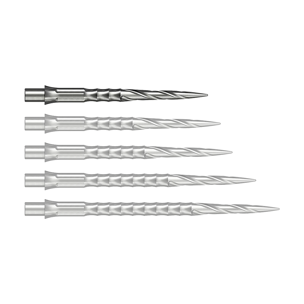 Mission Caliburn EVO System Steel Dart Tips - Spiro - NoLip - Silver Das Bild zeigt wahrscheinlich eine 28 mm lange Steeldartspitze aus Silber. Die Spitze ist Teil des Caliburn Evo Systems und trägt die Bezeichnung Spiro NoLip.