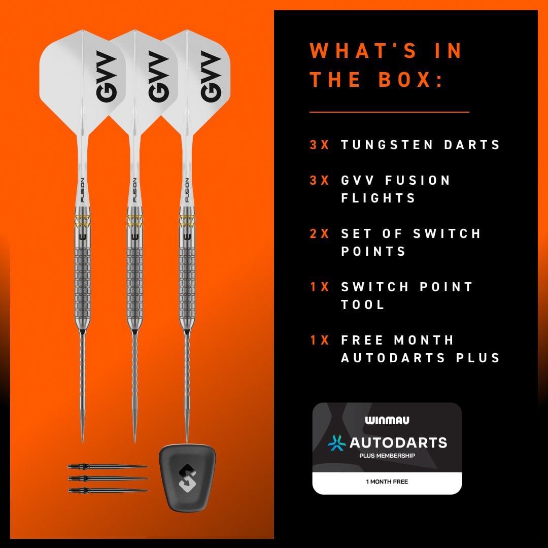 Šipky Winmau Gian Van Veen W-MAX Switch Point ocelové Die Winmau Gian Van Veen W-MAX Switch Point Steeldarts sind hier von der Seite zu sehen. Die Darts liegen auf einer hellen Oberfläche.
