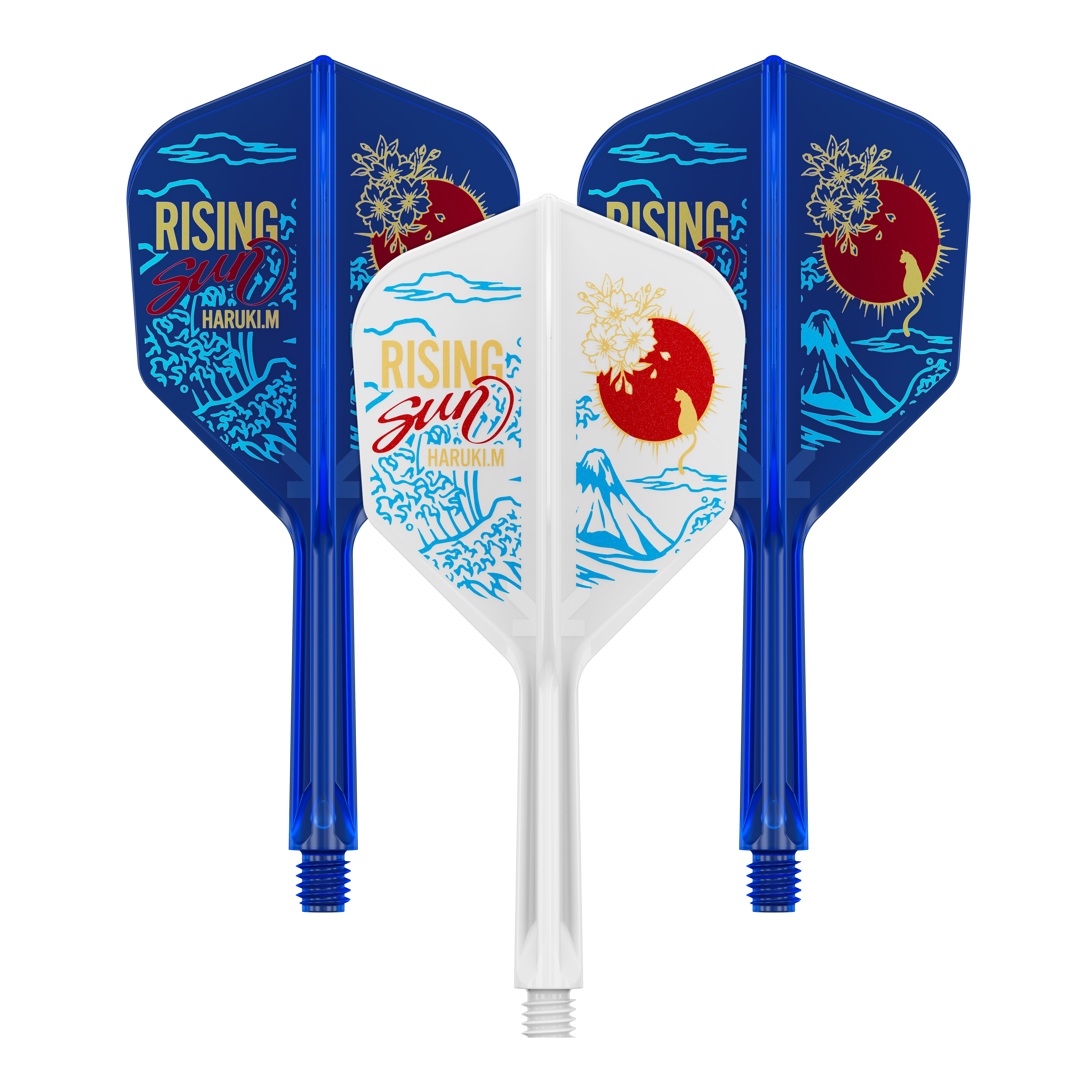 Das Bild zeigt drei Dartflights aus der "Target Japan K-Flex Haruki Muramatsu Rising Sun No6 Flight-Shaft-System"-Serie. Zwei sind blau und einer ist weiß, alle mit einem stilisierten Sonnen- und Landschaftsmotiv bedruckt.
