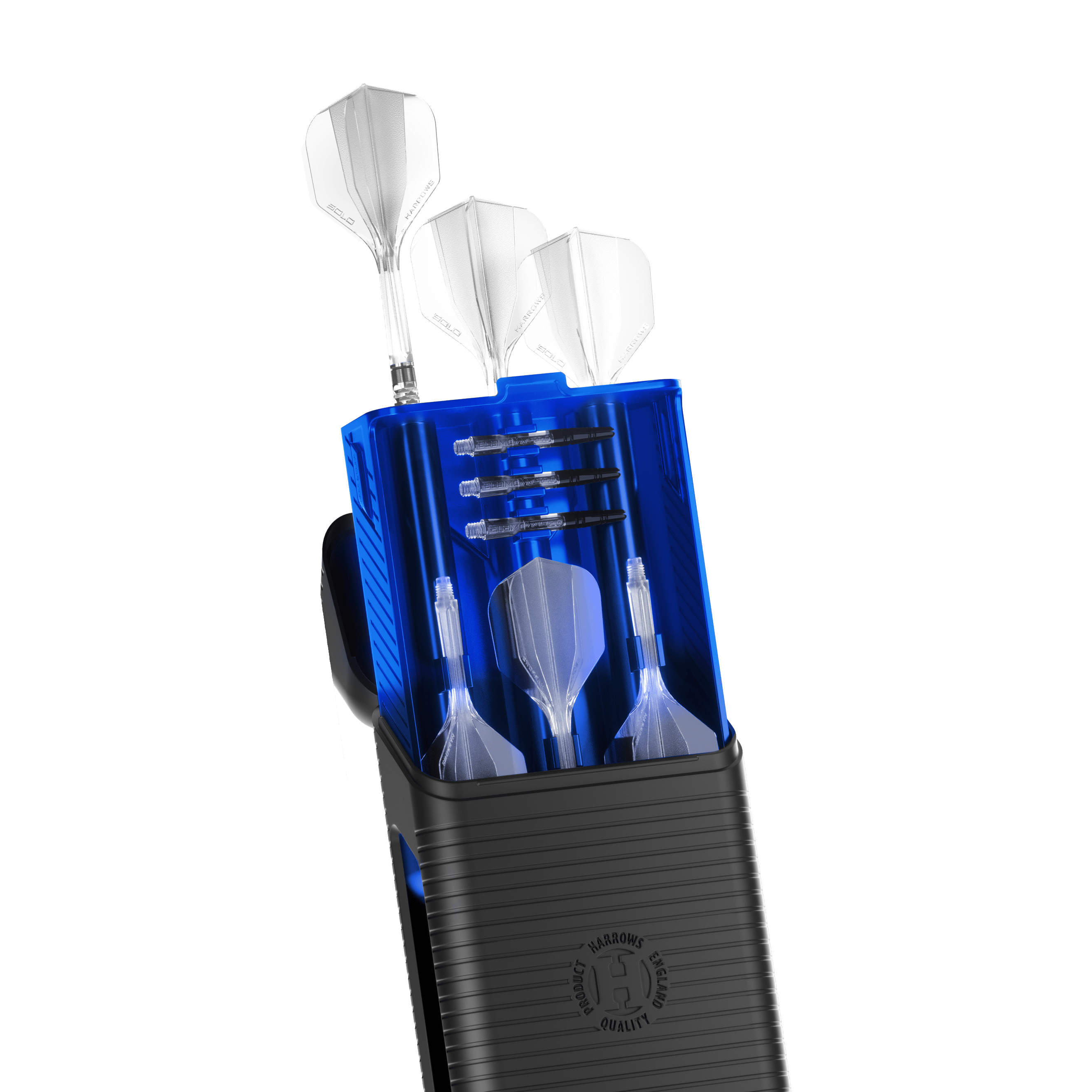 Eine blaue Darttasche namens Harrows Vault ist abgebildet. Die Tasche ist geschlossen und wird von oben gezeigt.