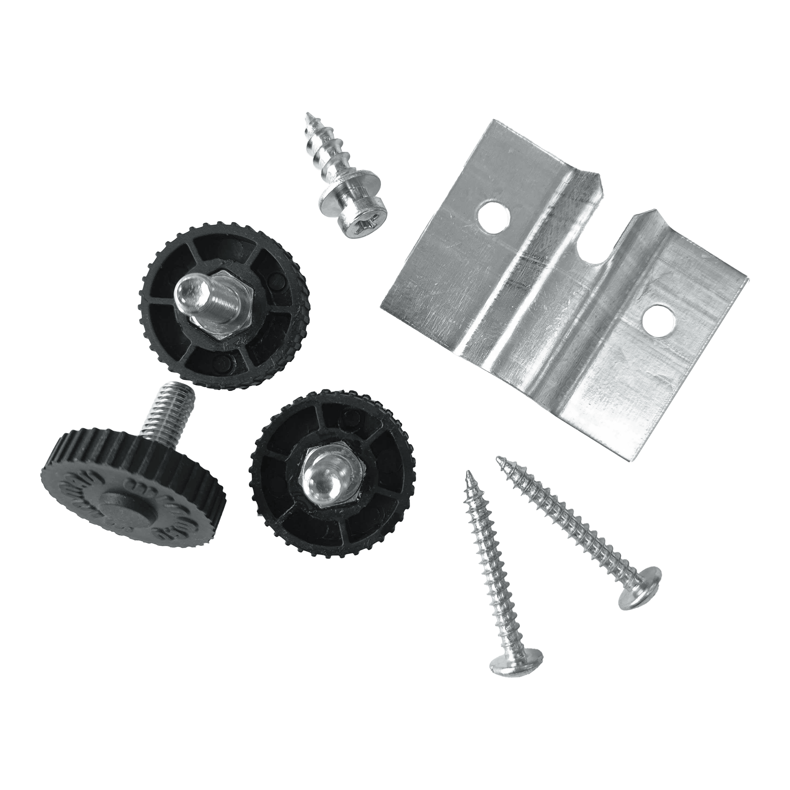 Nástěnný držák Winmau Rota-Lock Blade 6 Das Bild zeigt das Winmau Rota-Lock Blade 6 Wandhalterungs-Set mit Schrauben, Kunststoffrädern und einer Metallhalterung. Es sind alle benötigten Teile zur Befestigung eines Dartboards an der Wand abgebildet.