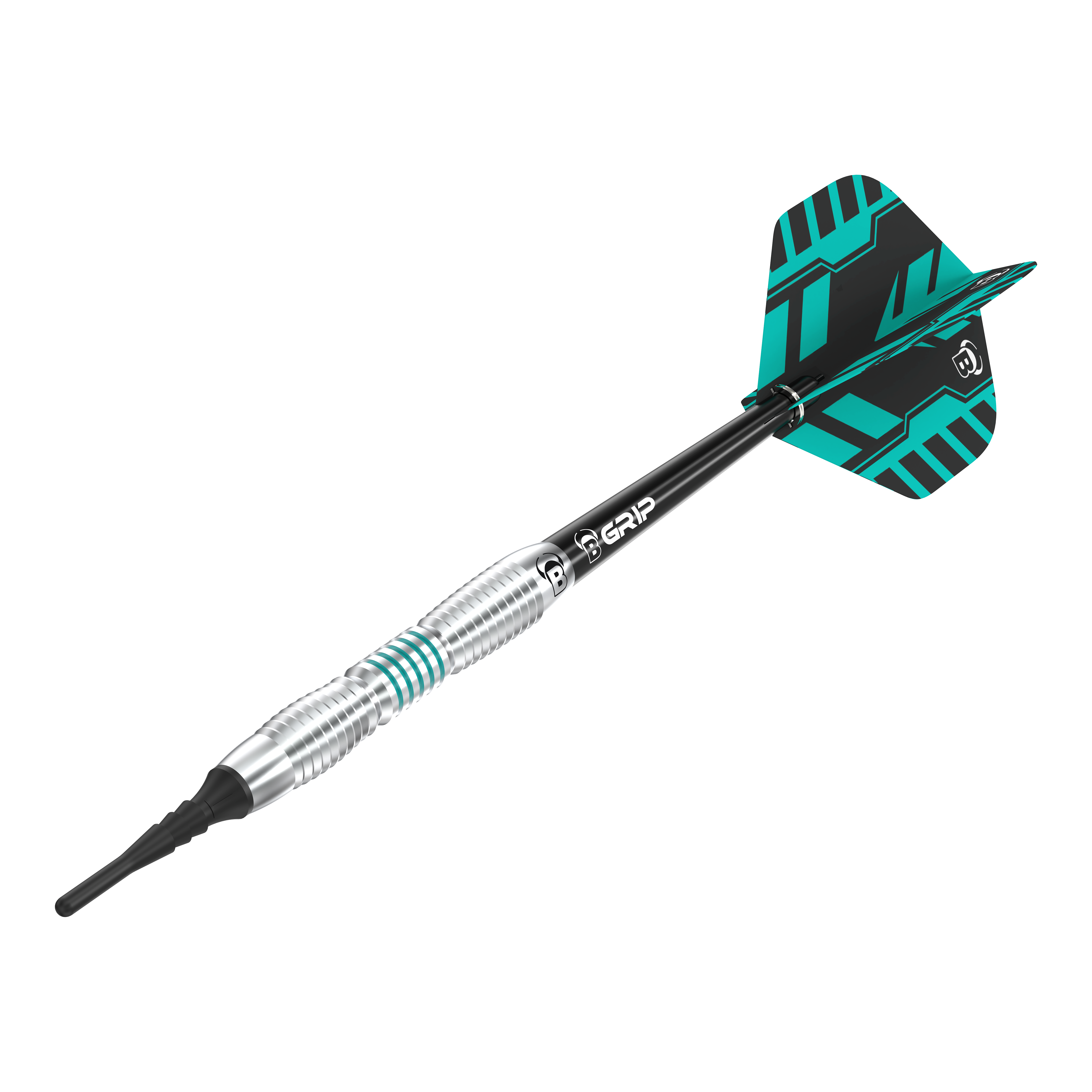 Auf dem Bild ist ein Bulls V1 Softdart zu sehen. Der Dart hat ein silbernes Barrel mit grünen Akzenten und ein schwarzes Shaft mit buntem Flight.