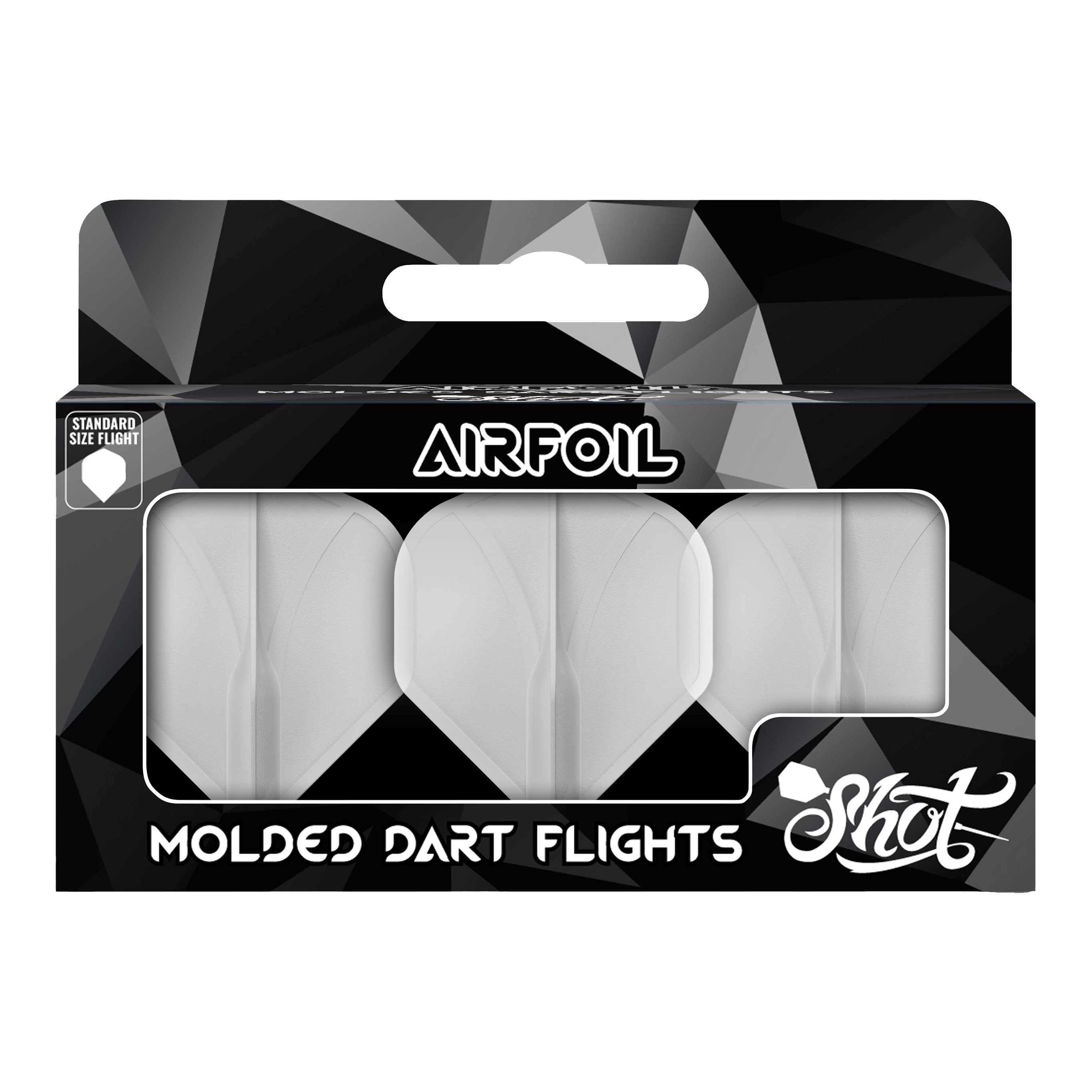 Auf dem Bild ist eine Packung mit geformten Dart-Flights der Marke Shot zu sehen. Die Flights sind durchsichtig und in einer schwarzen Verpackung mit der Aufschrift "Airfoil" präsentiert.