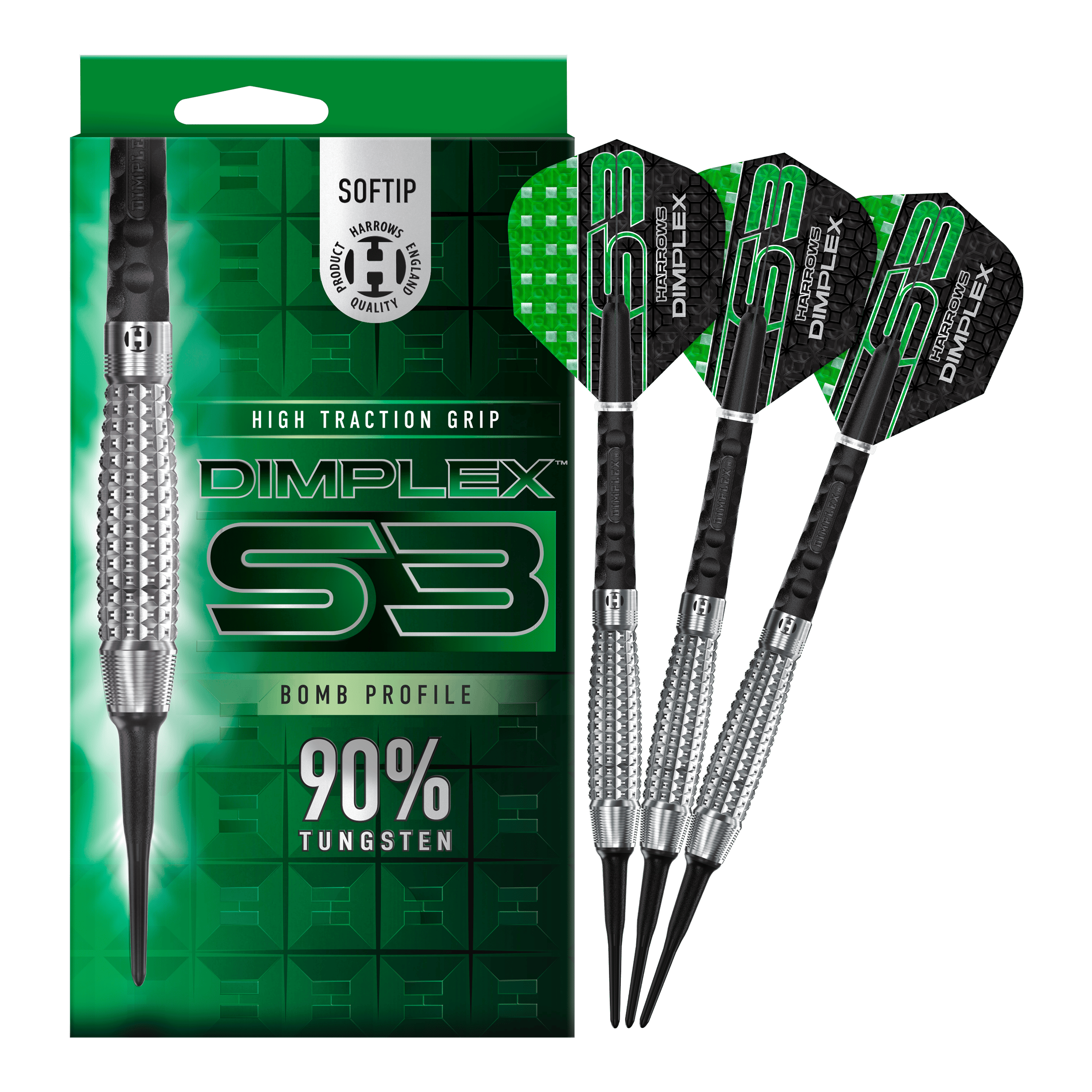 Měkké šipky Harrows Dimplex S3 Bomb Auf dem Bild sind die Harrows Dimplex S3 Bomb Softdarts und ihre Verpackung zu sehen. Die Darts haben einen hohen Grip und bestehen zu 90% aus Tungsten.
