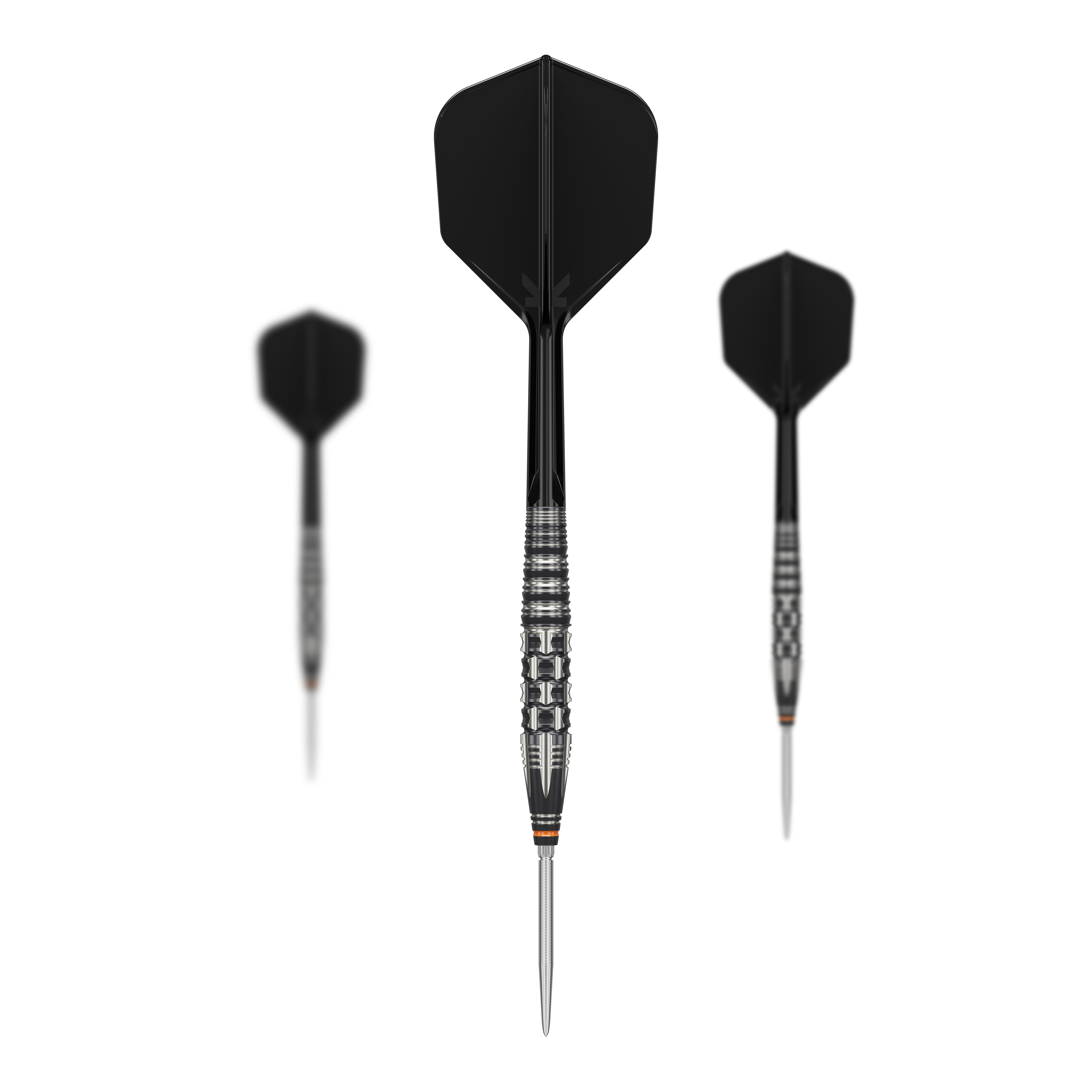Ocelové šipky Target Japan Black Marque Dancing Duck GEN 4 Das Bild zeigt drei schwarze Steeldarts des Modells "Target Japan Black Marque Dancing Duck GEN 4". Die Darts haben silberne Spitzen und geriffelte Griffbereiche für bessere Kontrolle.