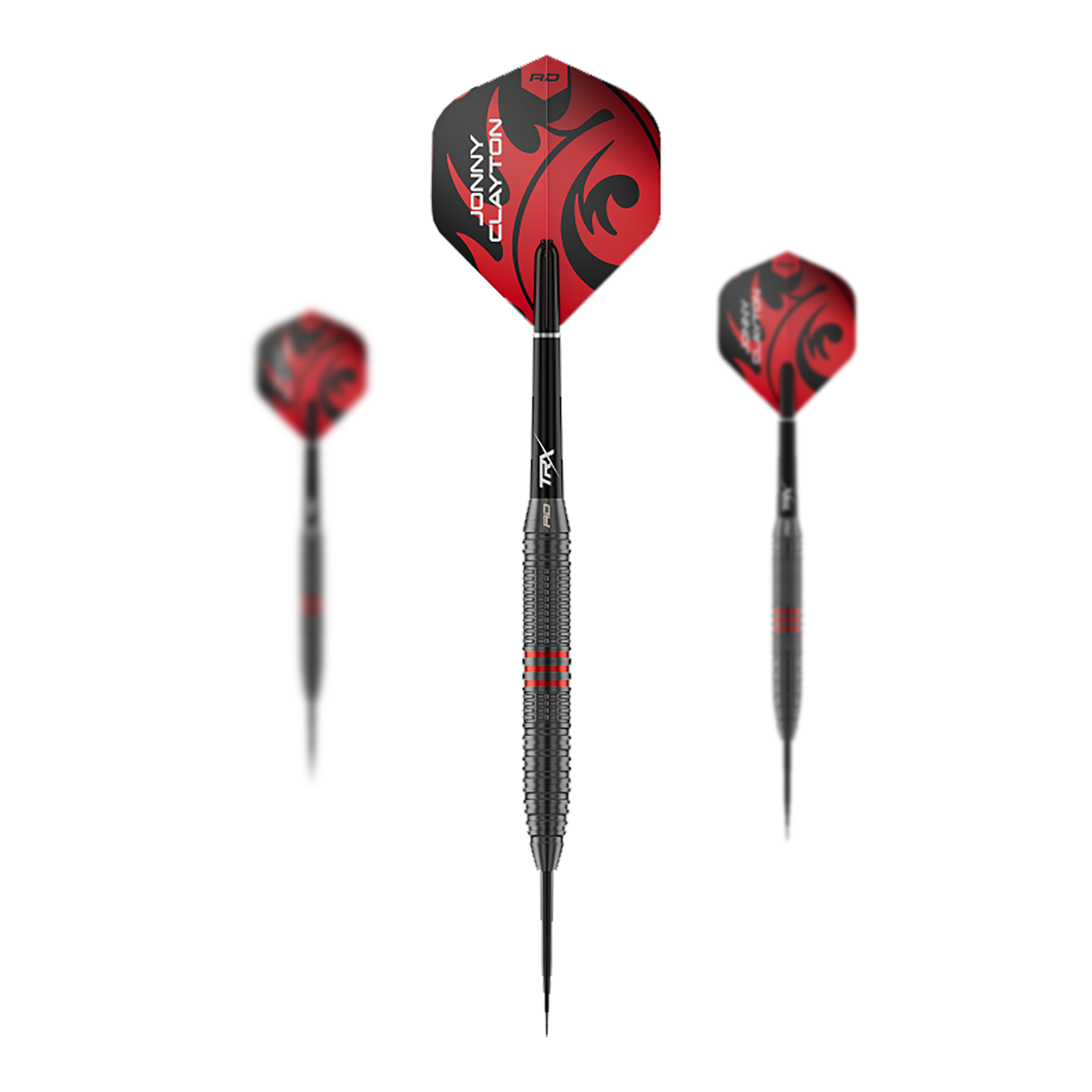 Ocelové šipky Red Dragon Jonny Clayton Core Brass - 21g Das Bild zeigt ein Set der Red Dragon Jonny Clayton Core Brass Steeldarts mit 21g Gewicht. Es sind drei Darts mit goldener Griffzone und roten Flights dargestellt.
