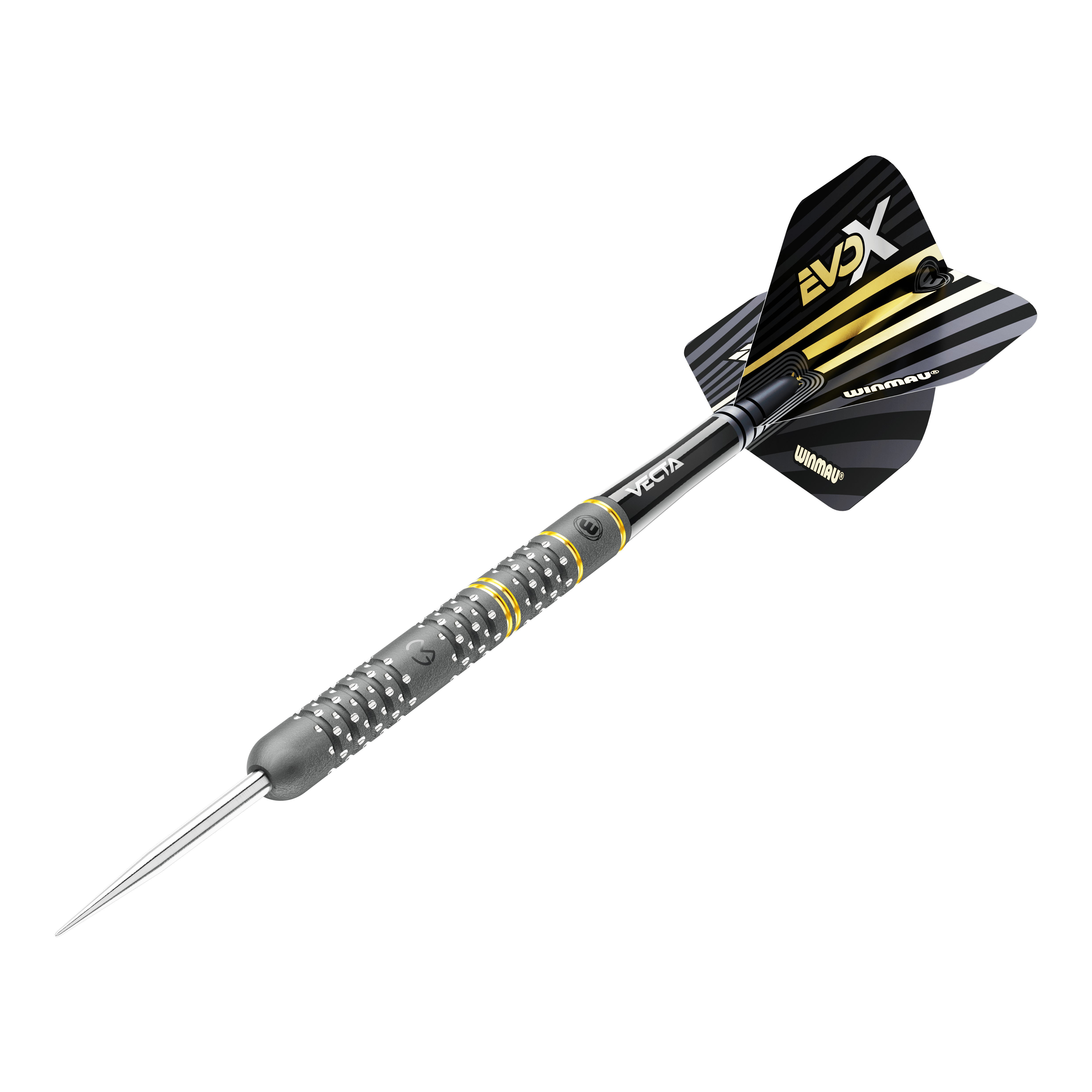 Ocelové šipky Winmau Michael Van Gerwen Evo-X Das Bild zeigt einen Winmau Michael Van Gerwen Evo-X Steeldart. Der Dart hat ein schwarzes und gelbes Design mit metallischer Spitze und strukturierter Griffzone.