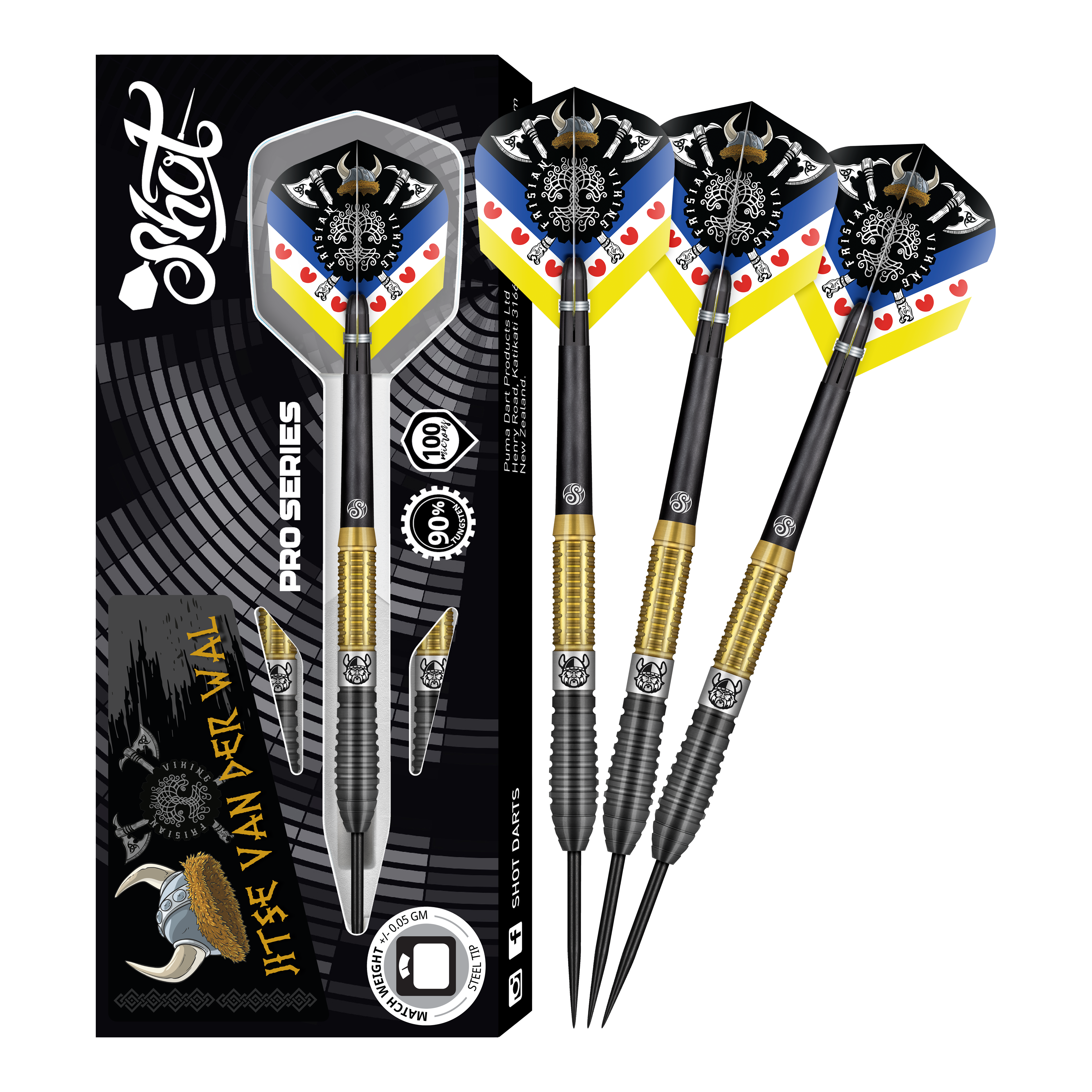 Das Bild zeigt das Produkt "Shot Pro Series Jitse Van Der Wal Steeldarts - 24g" mit drei Steeldarts. Die Verpackung und die Darts haben ein auffälliges Design mit schwarzen, goldenen und bunten Elementen.