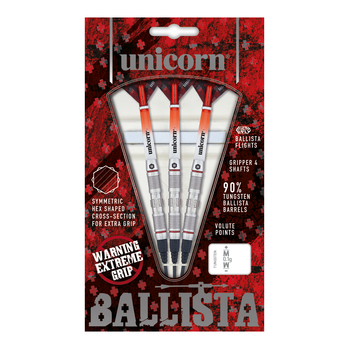 Šipky Unicorn Ballista Style 2 měkké Das Bild zeigt eine Packung „Unicorn Ballista Style 2 Softdarts“. In der Packung befinden sich drei Softdarts mit silbernen und orangenen Details.