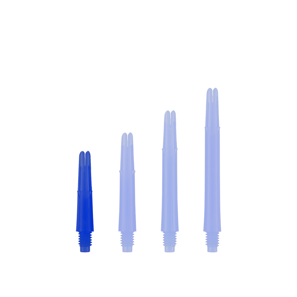 L-tvarované L-hřídele, rovné, zajištěné - modré Auf dem Bild sind vier blaue, gerade Dartschäfte in unterschiedlichen Längen zu sehen. Sie stehen nebeneinander auf weißem Hintergrund.