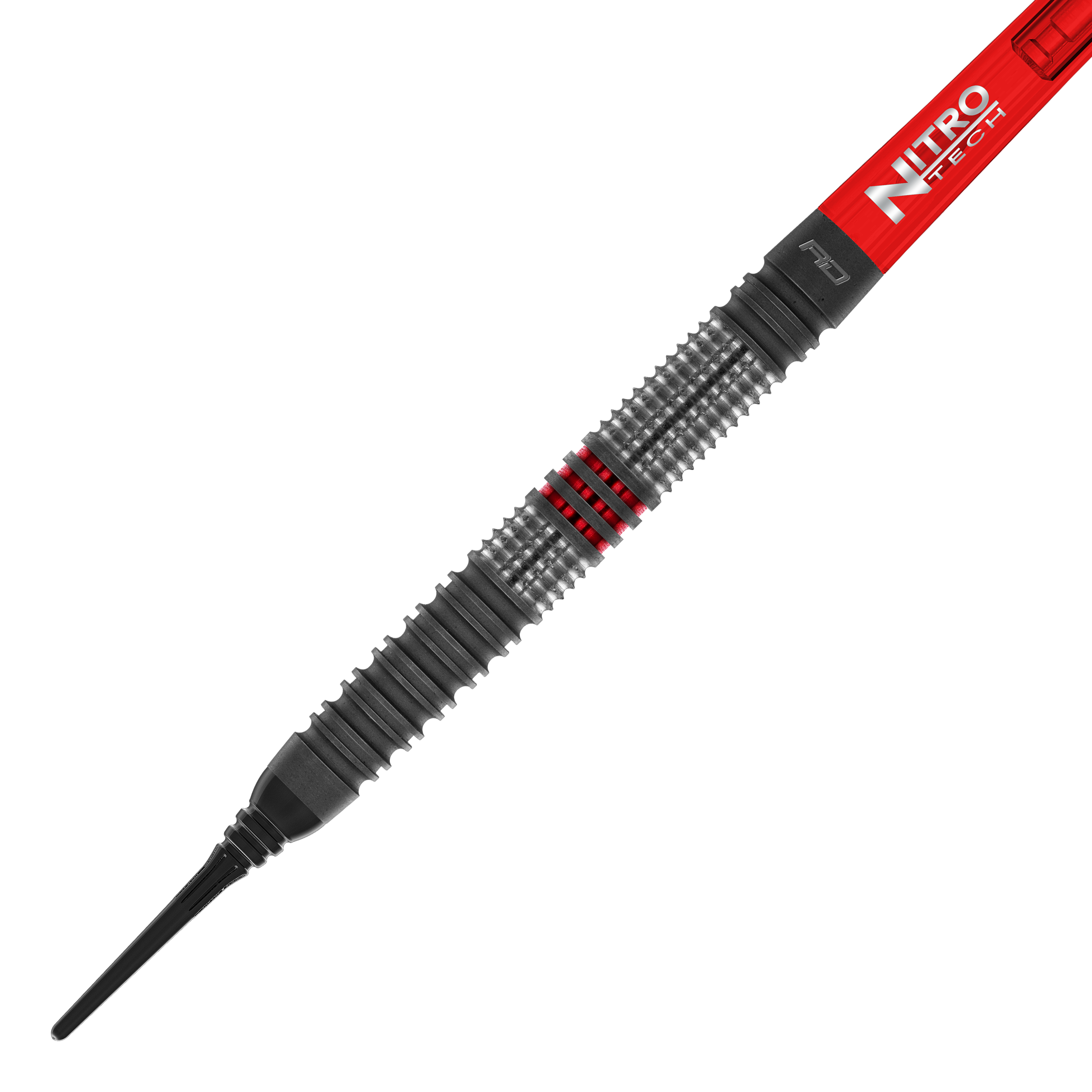 Red Dragon Jonny Clayton Hiraeth měkké šipky - 20g Das Bild zeigt den Red Dragon Jonny Clayton Hiraeth Softdart mit einem Gewicht von 20 Gramm. Der Dart hat ein silbernes Griffstück mit roten Akzenten und einen roten Schaft mit der Aufschrift "Nitro Tech".