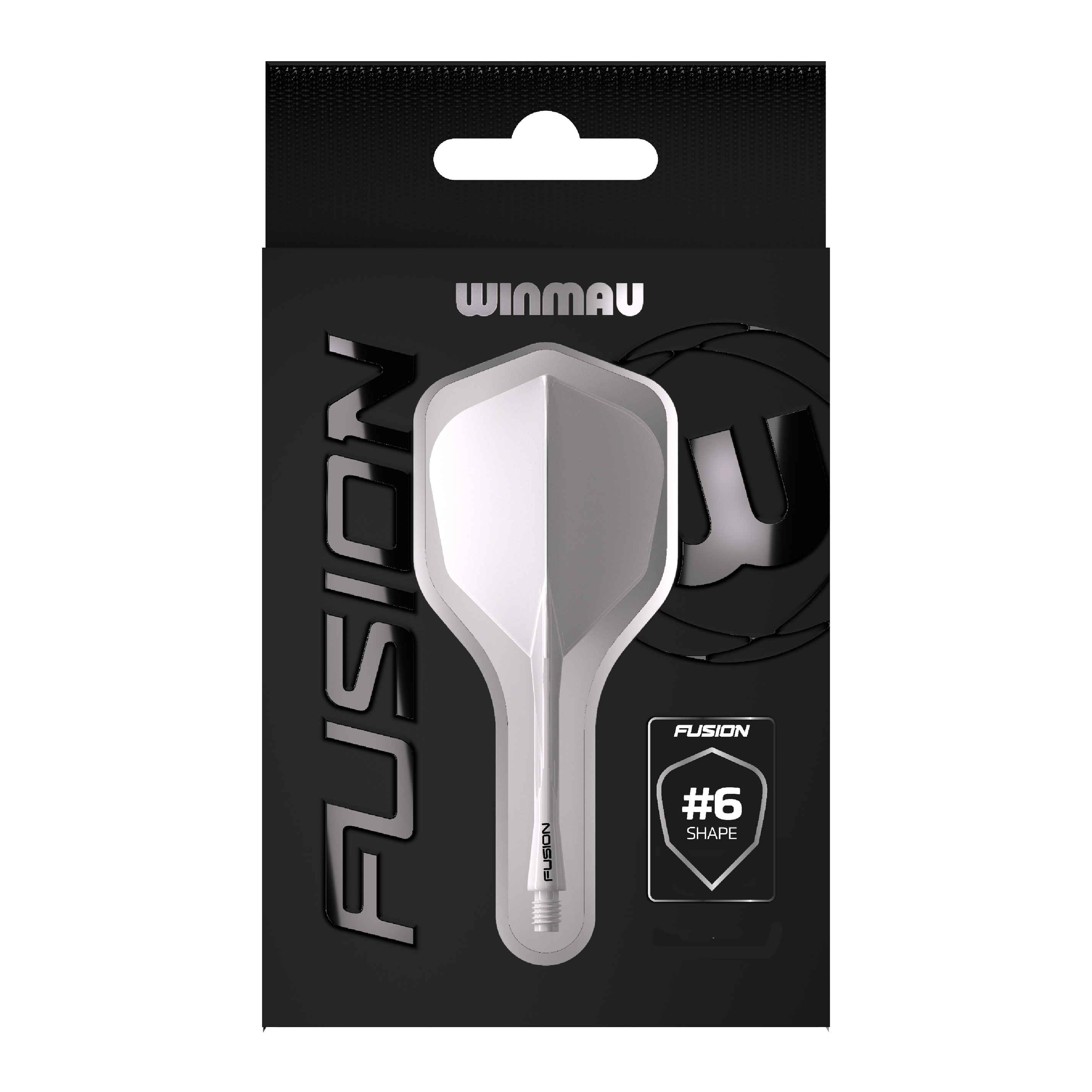 Systém letky Winmau Fusion č. 6, průhledný Das Bild zeigt die Verpackung des Produkts "Winmau Fusion Flight-Shaft-System No6 Clear". In der Mitte ist das transparente Flight-Shaft-System im #6-Shape deutlich zu sehen.