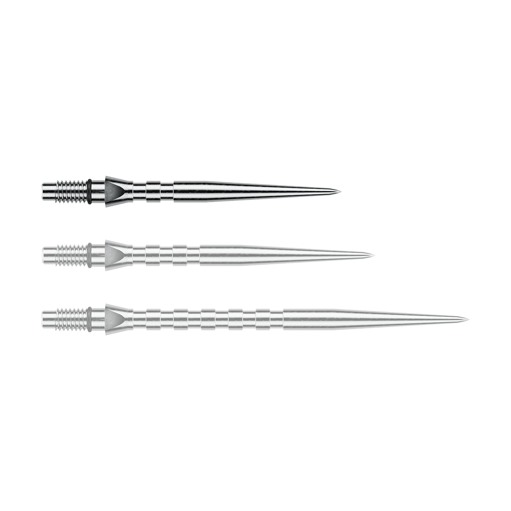Ocelové hroty na šipky Winmau Switch Point Groove - stříbrný efekt Abgebildet ist eine einzelne silberne Steeldartspitze mit Rillen, vermutlich vom Typ 'Switch Point Groove Silver Effect' und 26mm. Diese Spitze eignet sich für Steeldarts.