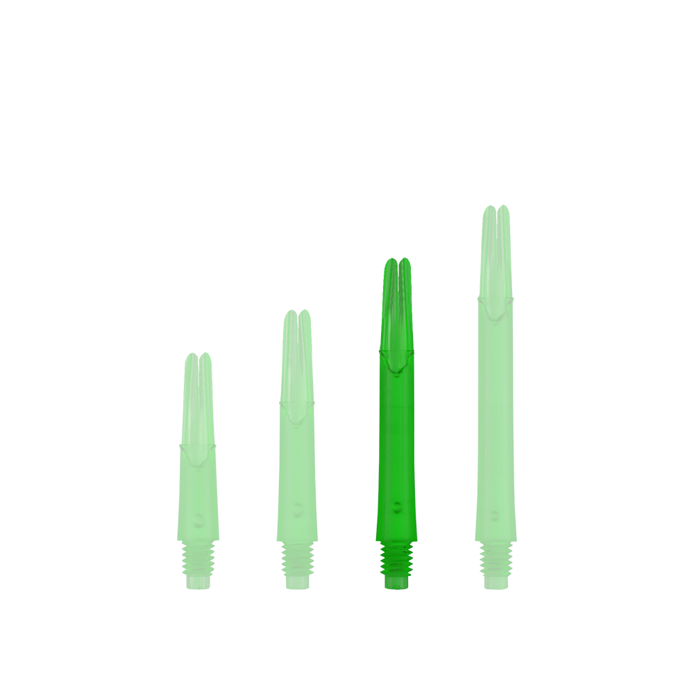 Auf dem Bild sind vier grüne, gerade Dartschäfte in unterschiedlichen Längen zu sehen. Sie stehen nebeneinander und sind ohne Kappen dargestellt.