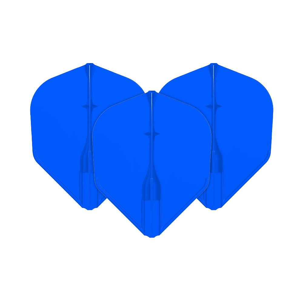 Lety L-L-Style3EZ Das Bild zeigt drei blaue Dartflights, die nebeneinander angeordnet sind. Sie haben eine klassische, leicht abgerundete Form.