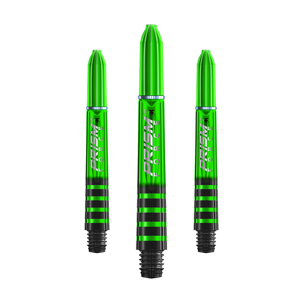 7020-105_Winmau_Prism_Force_Shafts_Gr-n_35mm_1 Ein Dart-Schaft der Serie Winmau Prism Force mit metallischem Glanz ist zu sehen.