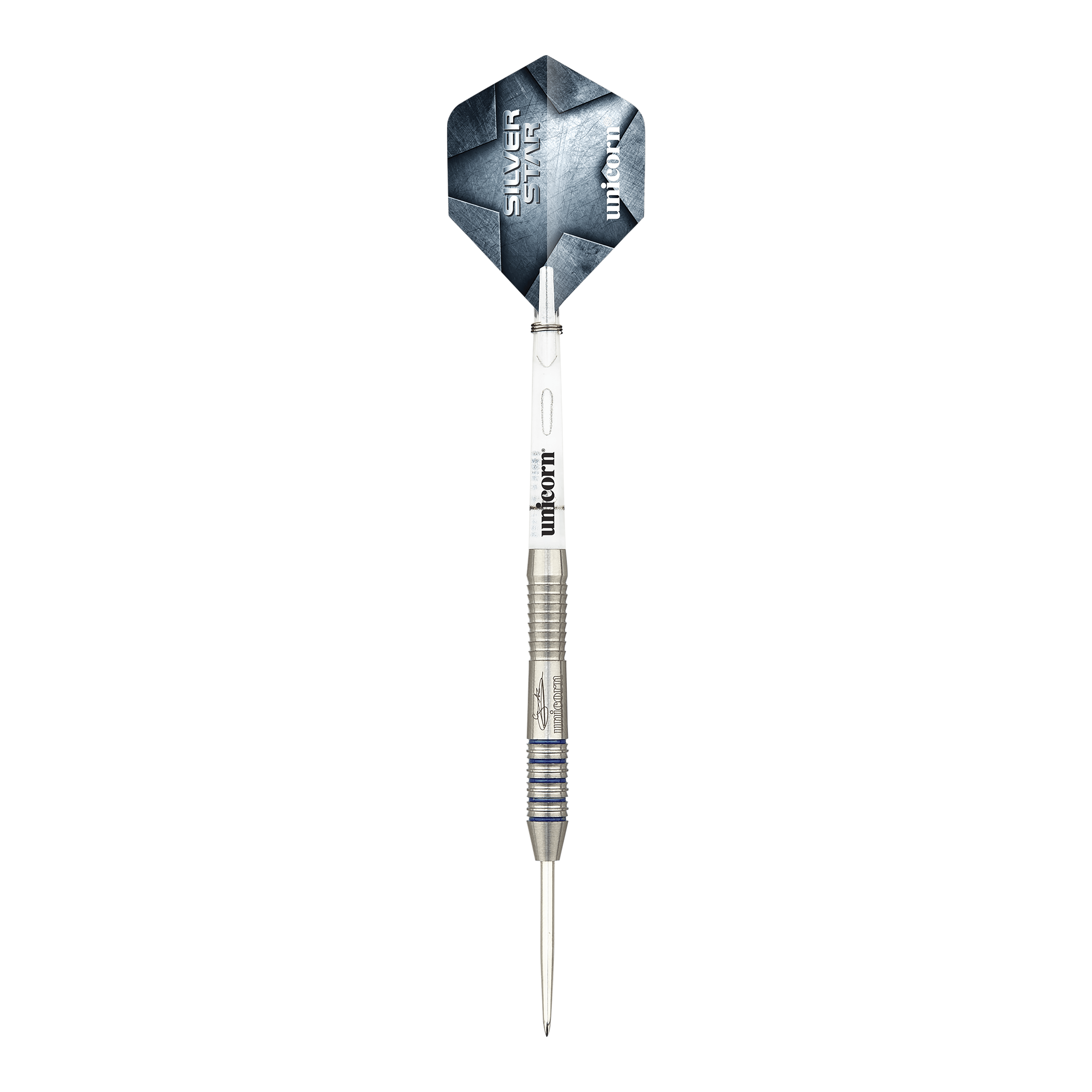 Ocelové šipky Unicorn Silver Star Var.3 Gary Anderson Das Bild zeigt die Unicorn Silver Star Var.3 Gary Anderson Steeldarts. Die silberfarbenen Darts sind auf einer weißen Fläche angeordnet.