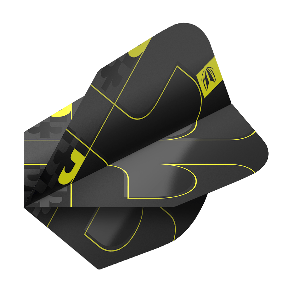 Lety Target ProUltra Bolide Void č. 6 Das Bild zeigt die Target ProUltra Bolide Void No6 Flights in einem modernen Design. Die Flights sind schwarz mit gelben Linien und grafischen Elementen gestaltet.
