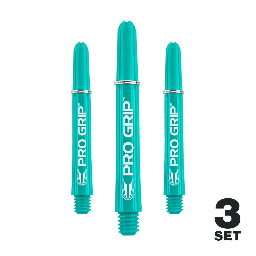 Das Bild zeigt drei türkisfarbene PRO GRIP Shafts für Dartpfeile. Unten rechts steht "3 SET" in schwarzer Schrift.