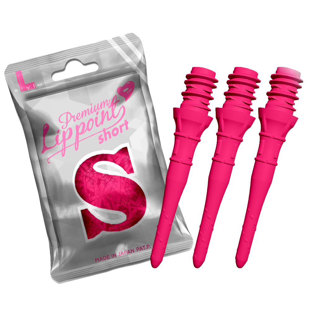 L-Style Premium Lippoints Short (30er Pack) Auf dem Bild ist eine silberne Verpackung mit der Aufschrift „Premium Lipppoint short“ zu sehen. Daneben sind drei kurze, neonpinke Dartspitzen abgebildet.