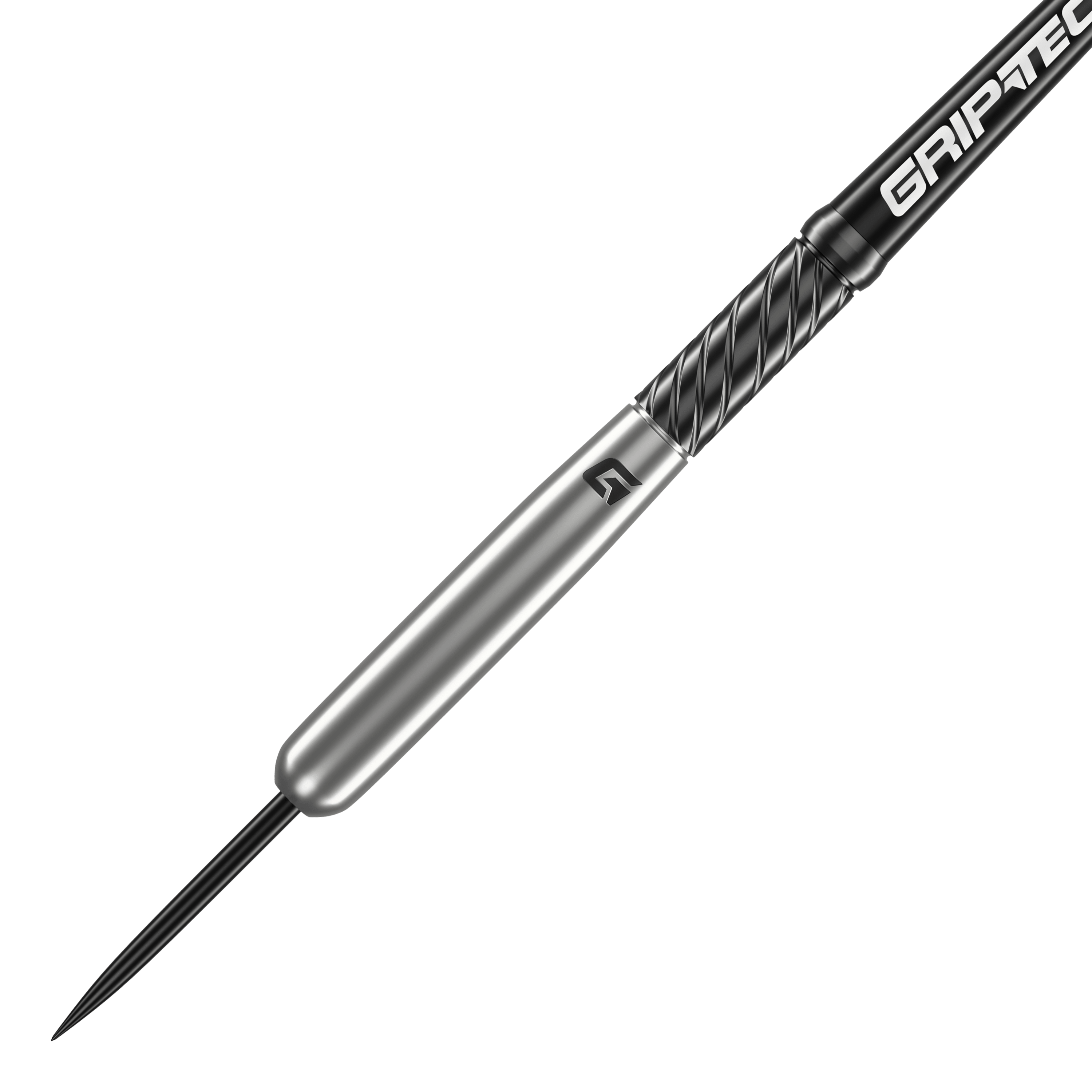 Šipky GOAT Homerun Baseball Tungsten Steel Das Bild zeigt den GOAT Homerun Baseball Tungsten Steeldart. Der Dartpfeil hat ein schlankes, silbernes Design mit schwarzem Griffbereich und der Aufschrift "GRIPTEC".