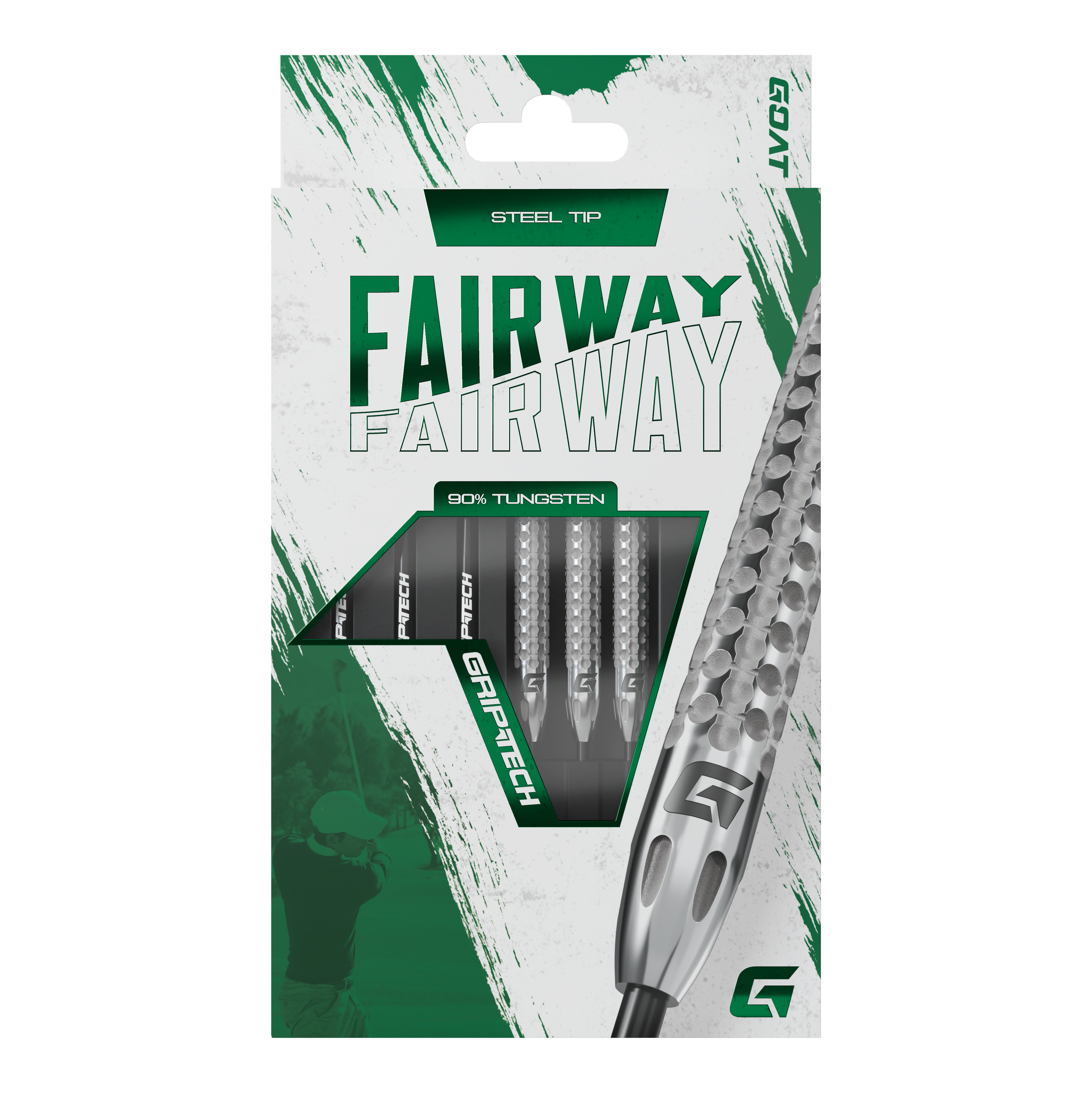 Šipky GOAT Fairway V2 z wolframové oceli Die Abbildung zeigt die Verpackung der GOAT Fairway V2 Tungsten Steeldarts. Die Darts bestehen zu 90 % aus Tungsten und haben eine Stahspitze.
