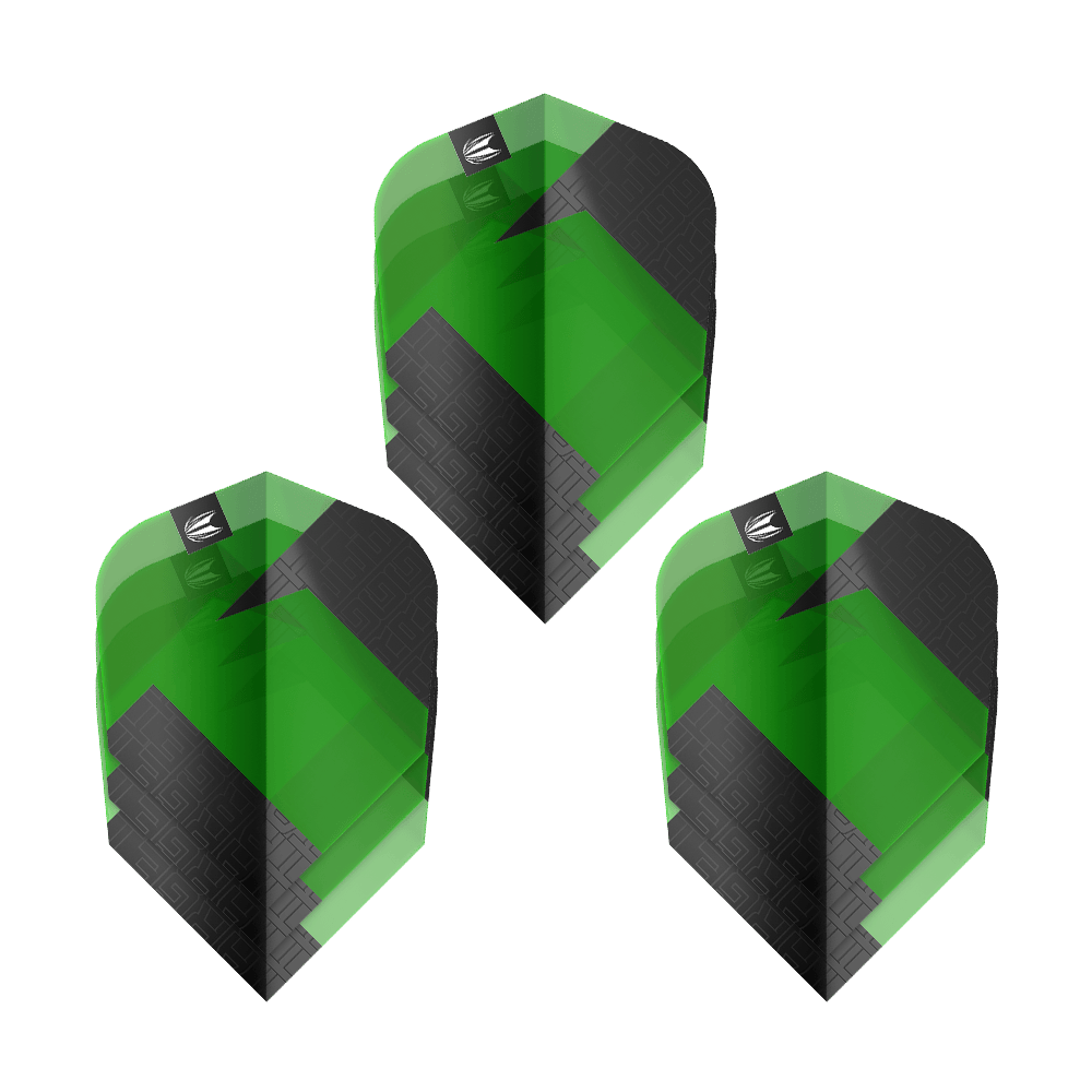 Target Pro Ultra TAG Green Ten-X Standardní letky - 3 sady Das Bild zeigt drei grüne und schwarze Dart-Flights des Produkts "Target Pro Ultra TAG Grün Ten-X Standard". Die Flights haben ein auffälliges geometrisches Muster und das Target-Logo oben.
