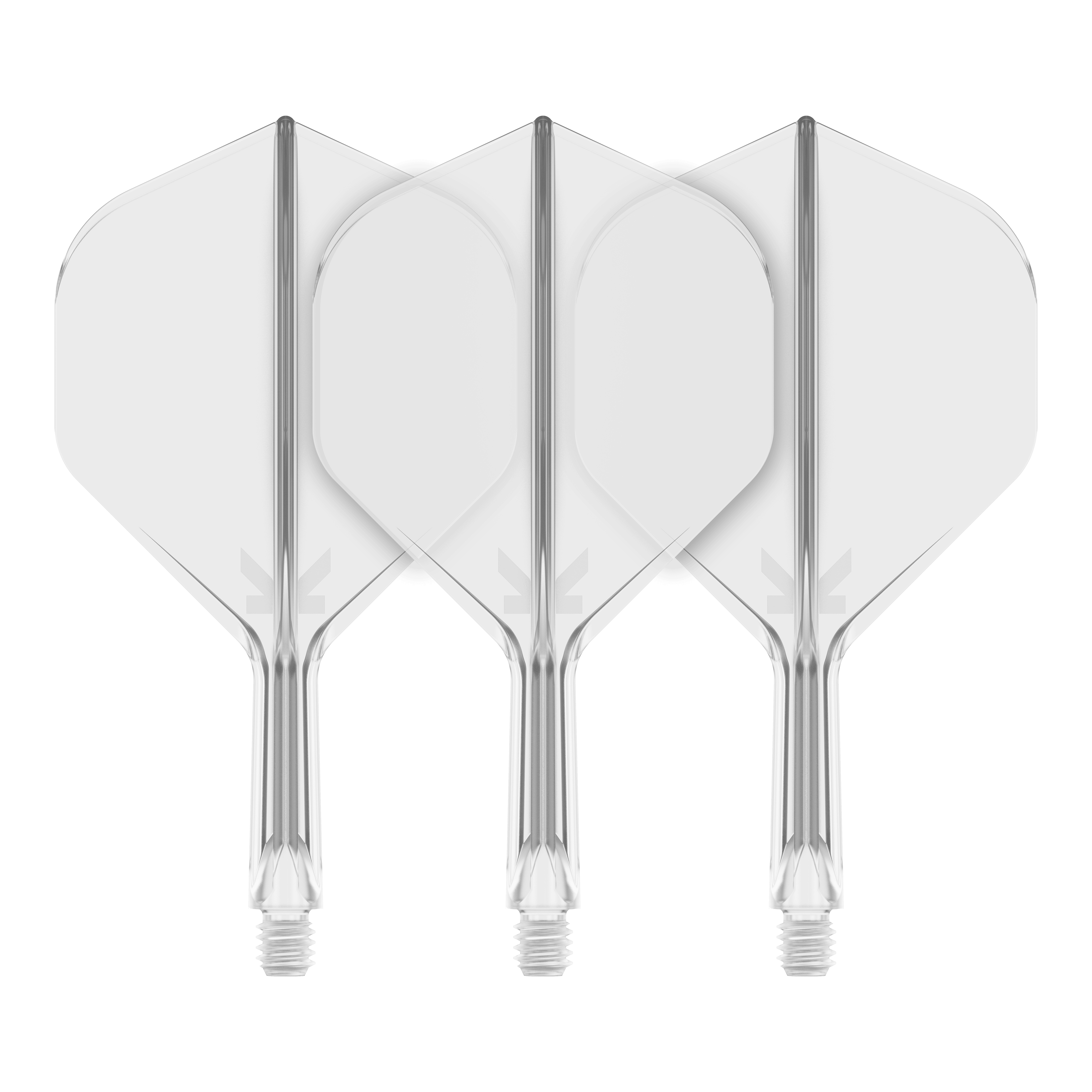 Standardní letový systém Target K-Flex No2 - čirý Auf dem Bild sind drei transparente Dart-Flights mit Standardform zu sehen. Sie sind nebeneinander angeordnet und haben klare, glatte Kanten.