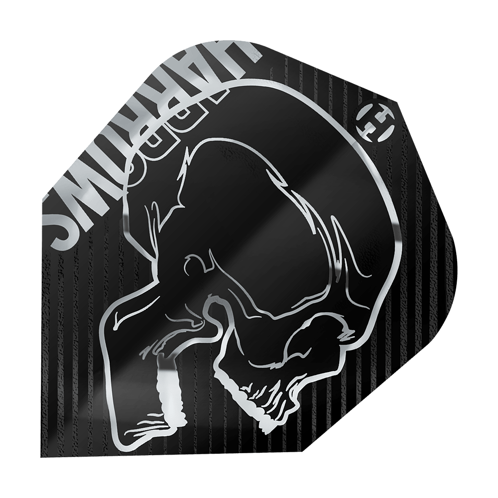 Letky Harrows Rage Silver č. 6 Das Bild zeigt das Produkt "Harrows Rage Silver No6 Flights". Auf dem Flight ist ein silberner Totenkopf auf schwarzem Hintergrund abgebildet.