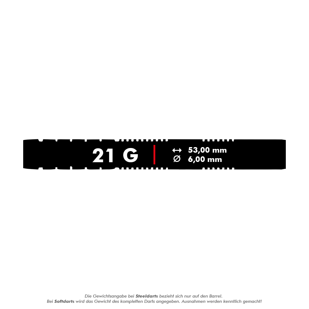 Šipky Shot Pro-Series Stowe Buntz 2 měkké - 21g Dieses Bild zeigt die technischen Daten der Shot Pro-Series Stowe Buntz 2 Softdarts mit einem Gewicht von 21 Gramm. Die Darts haben eine Länge von 53,00 mm und einen Durchmesser von 6,00 mm.