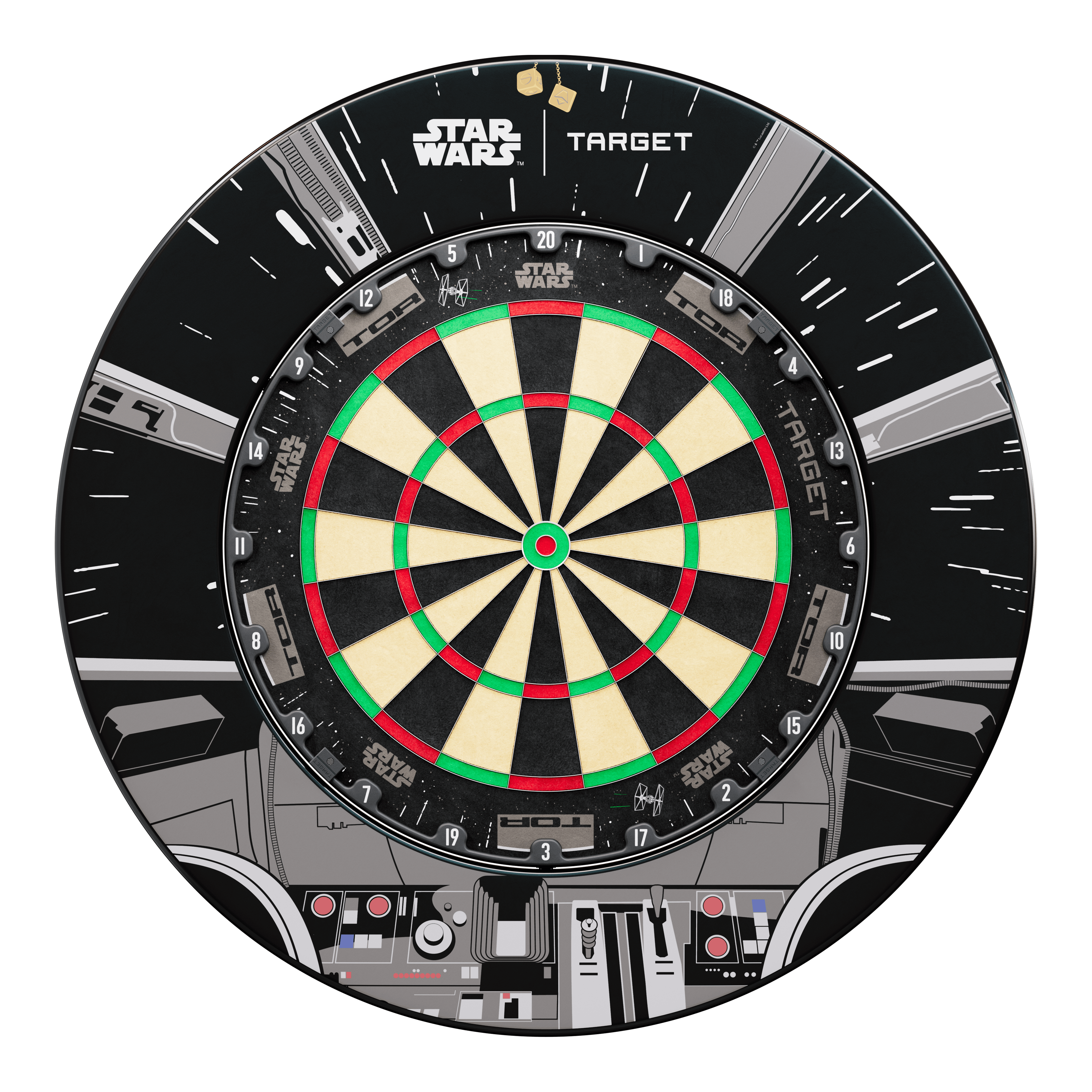 Dieses Bild zeigt das Target Star Wars Millennium Falcon Surround Board Bundle. Es handelt sich um ein spezielles Bundle für Dartliebhaber und Star Wars Fans.