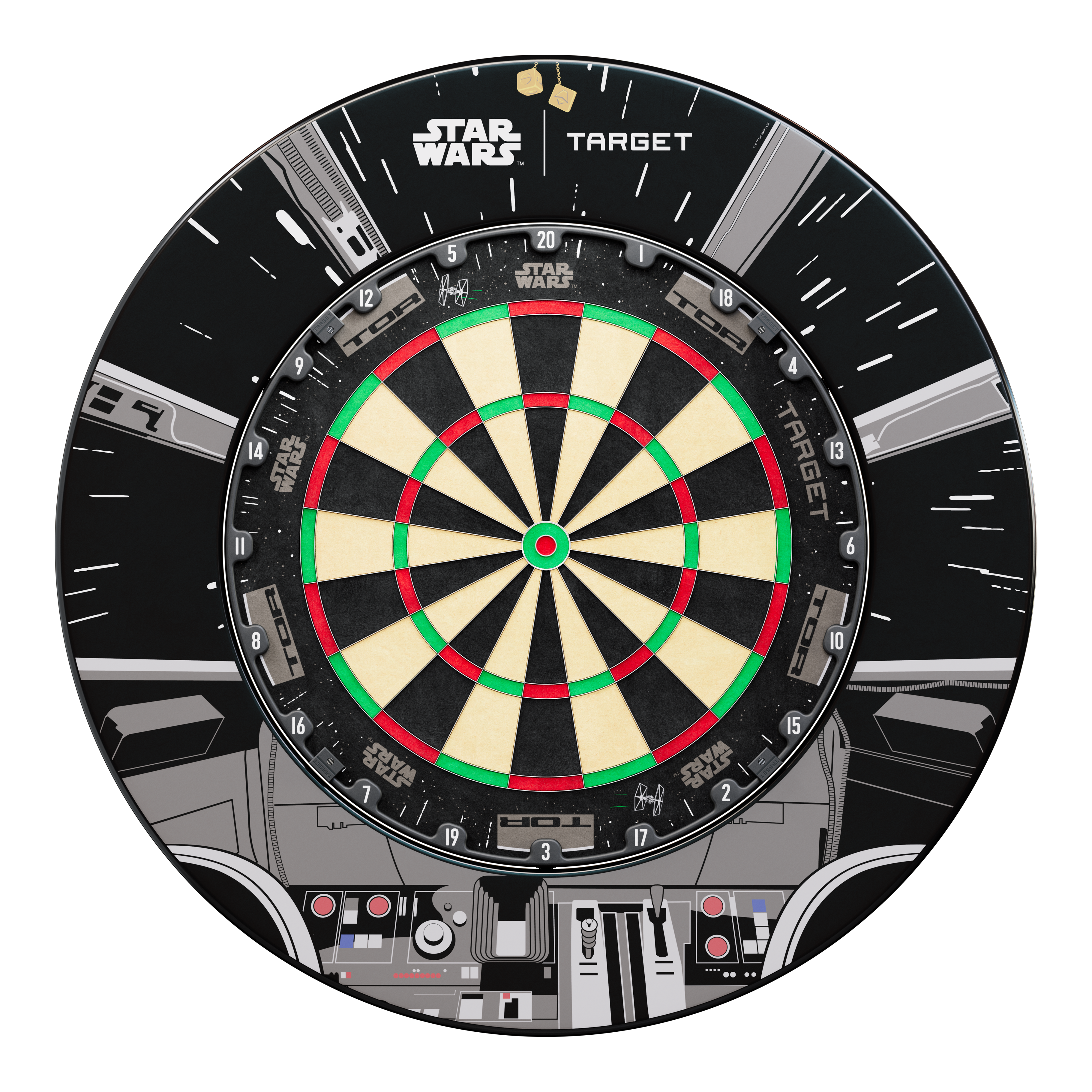 Sada prostorového obložení terče Target Star Wars Millennium Falcon TOR Dieses Bild zeigt das Target Star Wars Millennium Falcon Surround Board Bundle. Es handelt sich um ein spezielles Bundle für Dartliebhaber und Star Wars Fans.