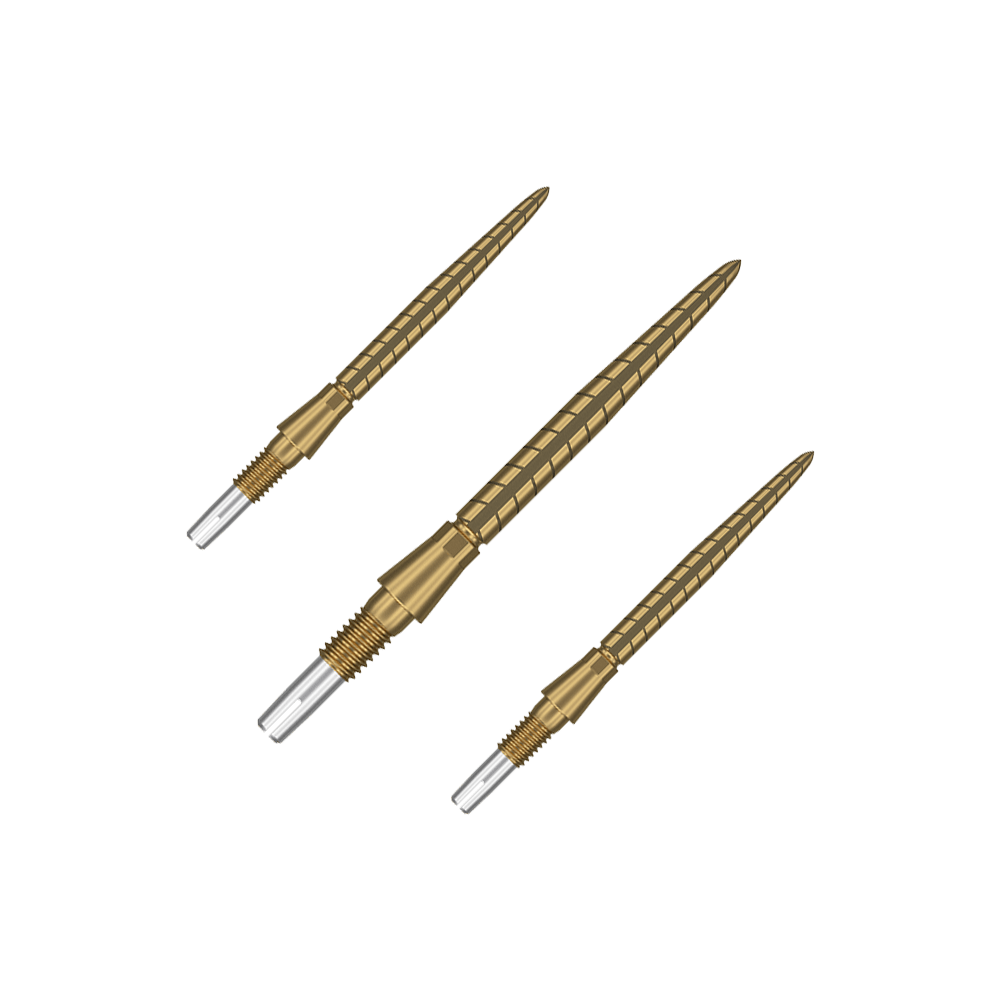 Špičky na šipky Target Swiss Storm Quartz - zlaté Auf dem Bild sind drei goldfarbene Dartspitzen zu sehen. Sie sind schlank, haben ein geriffeltes Design und haben vorne eine silberne Spitze.