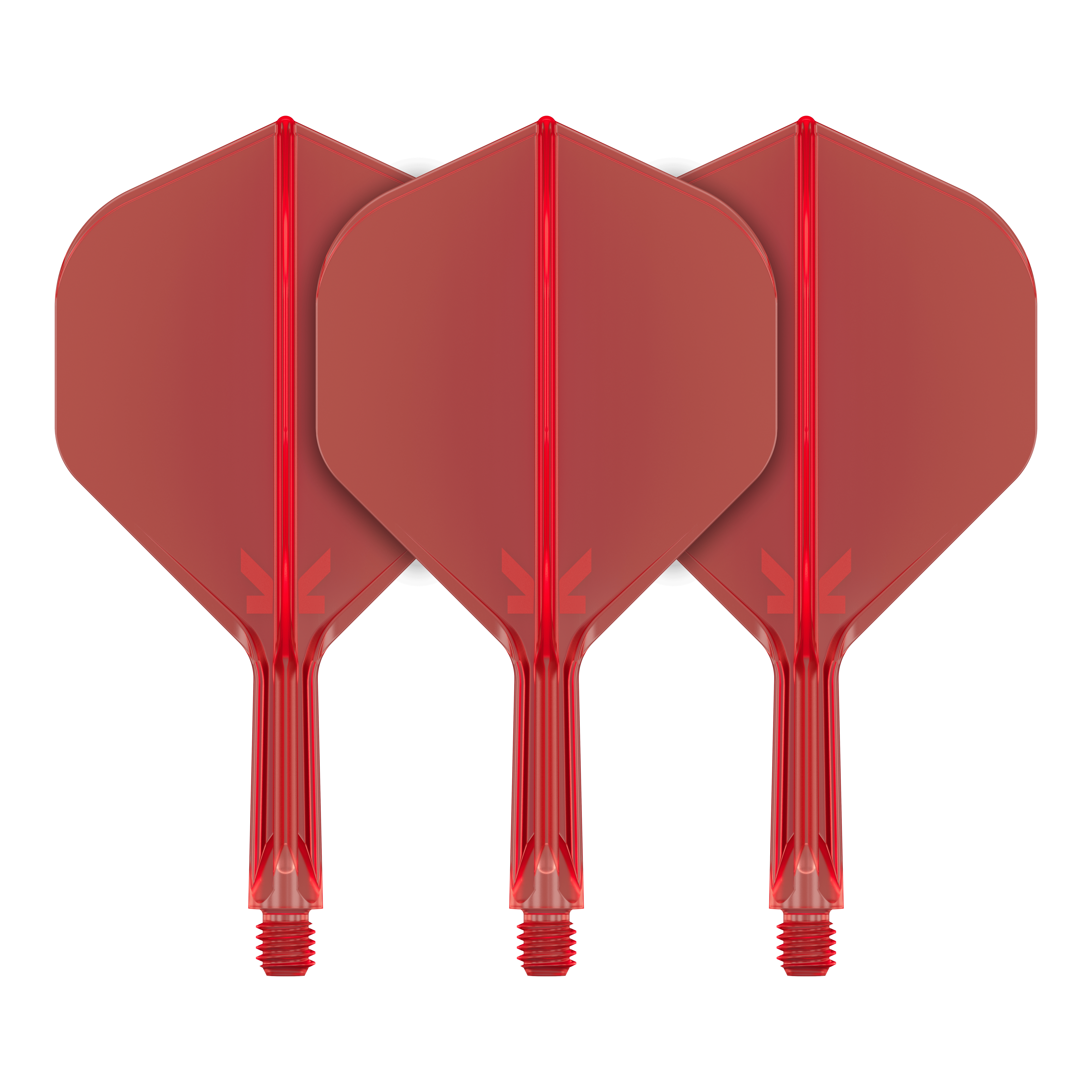 Standardní letový systém Target K-Flex No2 - červený Auf dem Bild sind drei rote Dartflights mit befestigtem Schaft zu sehen. Sie stehen nebeneinander und haben eine standardmäßige Pfeilform.