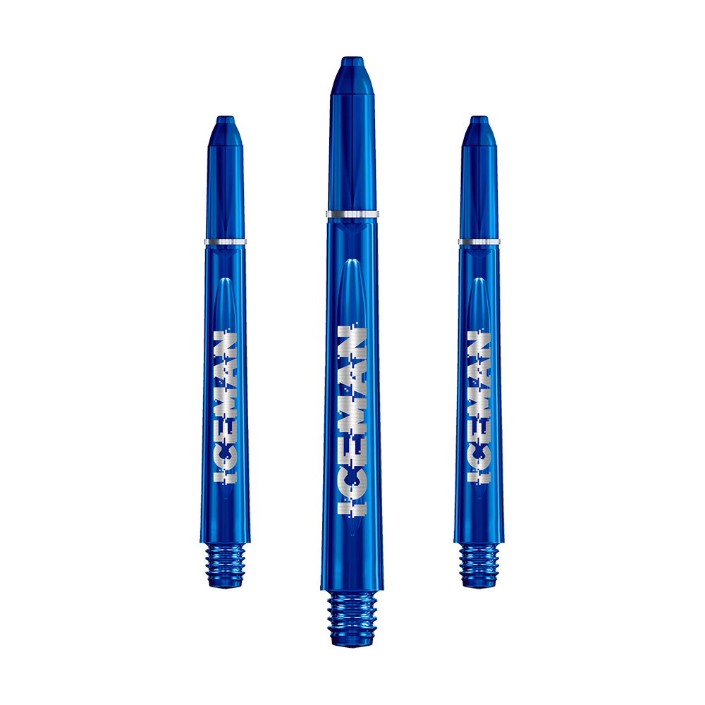 Das Bild zeigt drei blaue Dartschäfte mit der Aufschrift "ICEMAN". Es handelt sich um die Red Dragon VRX Gerwyn Price Shafts.