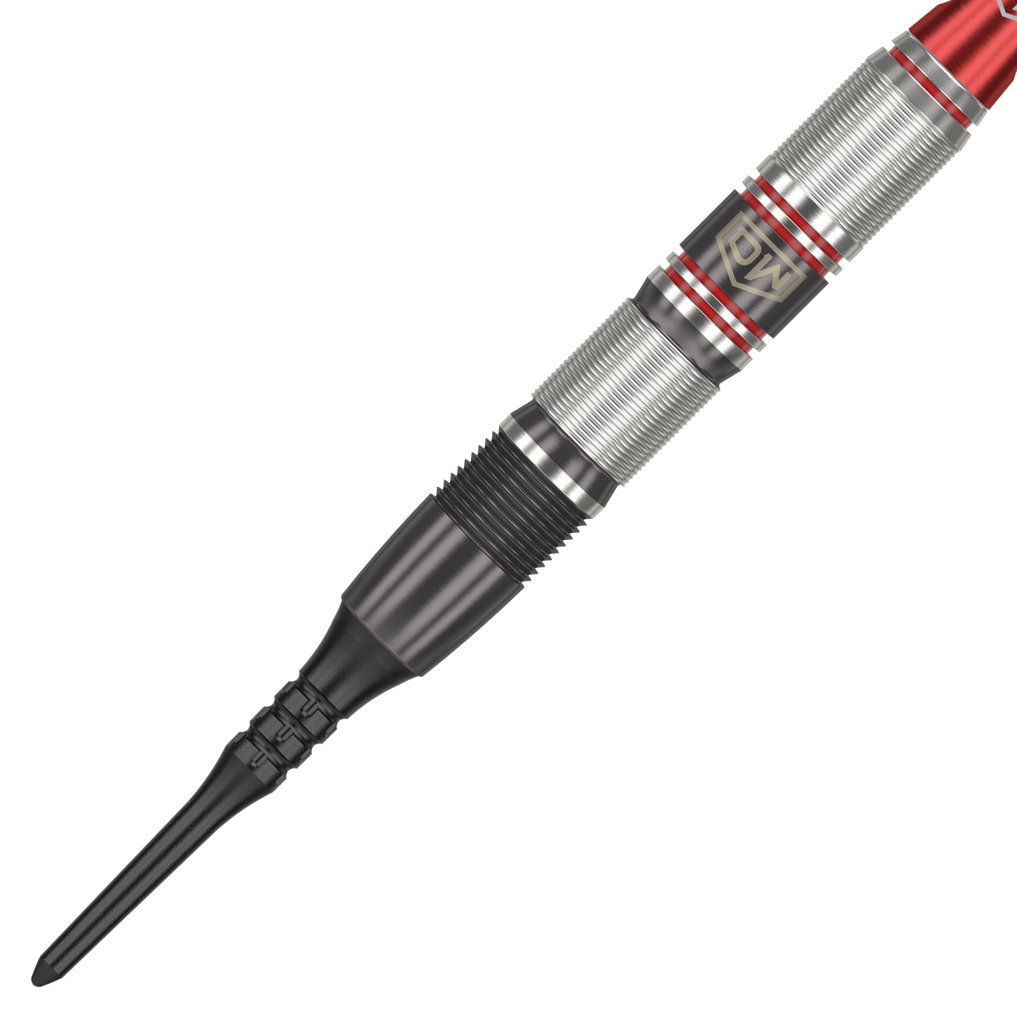 Šipky DW Piranha Razor 02 Softdarts Das Bild zeigt einen DW Piranha Razor 02 Softdart mit einer schwarzen Spitze und silbernem, rot akzentuiertem Griff. Das Design wirkt hochwertig und sorgt für guten Halt beim Werfen.