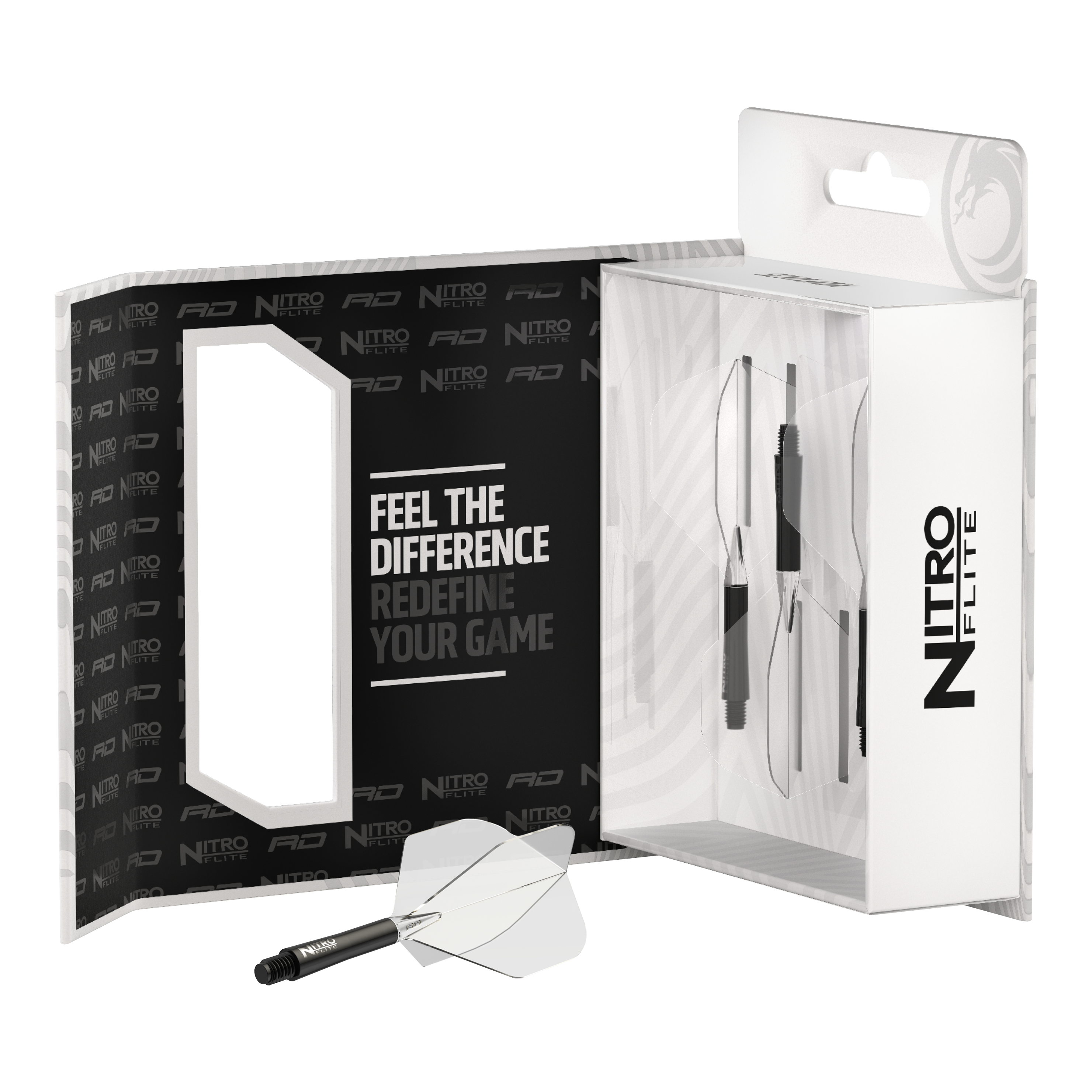 Red Dragon Nitroplite - Black Shaft Clear No2 Flights Das Bild zeigt eine Verpackung des Produkts "Red Dragon Nitroflite - Black Shaft Clear No2 Flights". In der Box sind schwarze Shafts mit klaren Flights für Dartpfeile zu sehen.