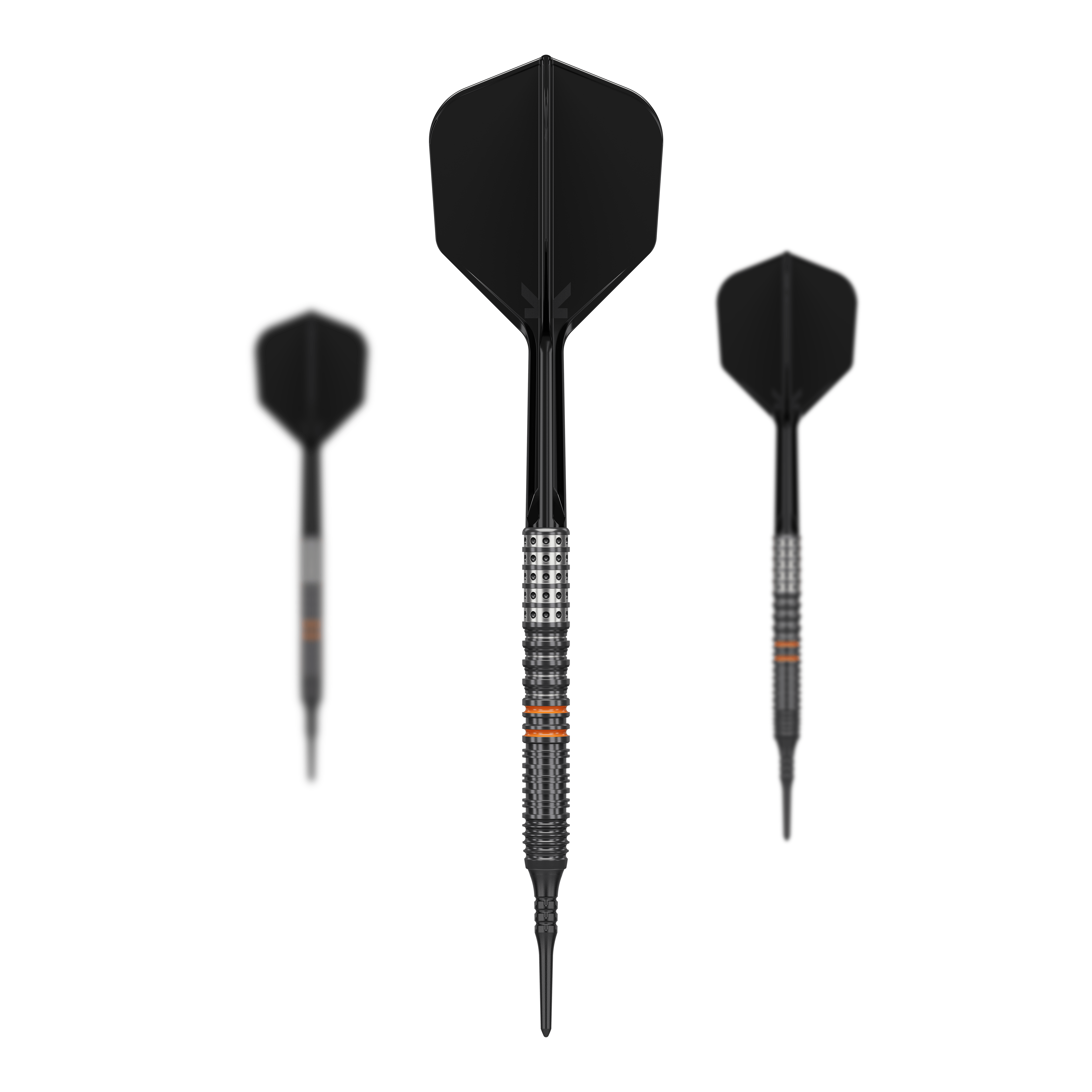 Měkké šipky Target Japan Black Marque Morpheus GEN2 - 19g Das Bild zeigt drei schwarze Softdarts des Modells "Target Japan Black Marque Morpheus GEN2 - 19g". Die Darts haben ein modernes Design mit silbernen und orangen Akzenten am Griffstück.